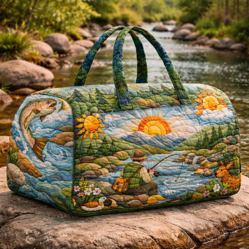 Quilted Duffle Bag – Fishing Theme Travel Bag, Father’s Day Gift for Dad, Handmade Patchwork Weekender, Gift for Fishing Lovers