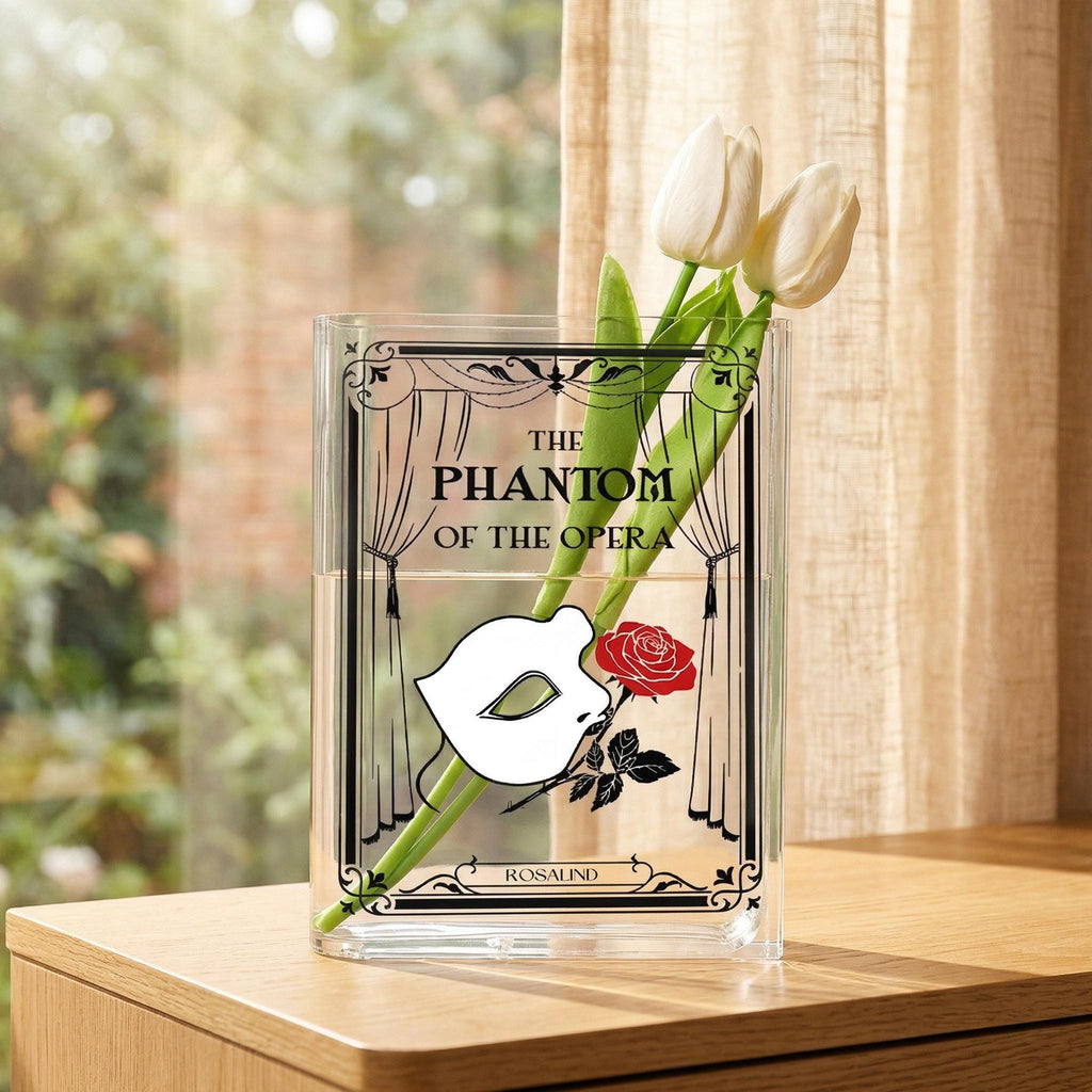 Phantom of the Opera Acrylic Book Vase, Theater Mask Book Vase, Line-art Book Shaped Vase, Musical Theater Decor, Custom Gift for Book Lover