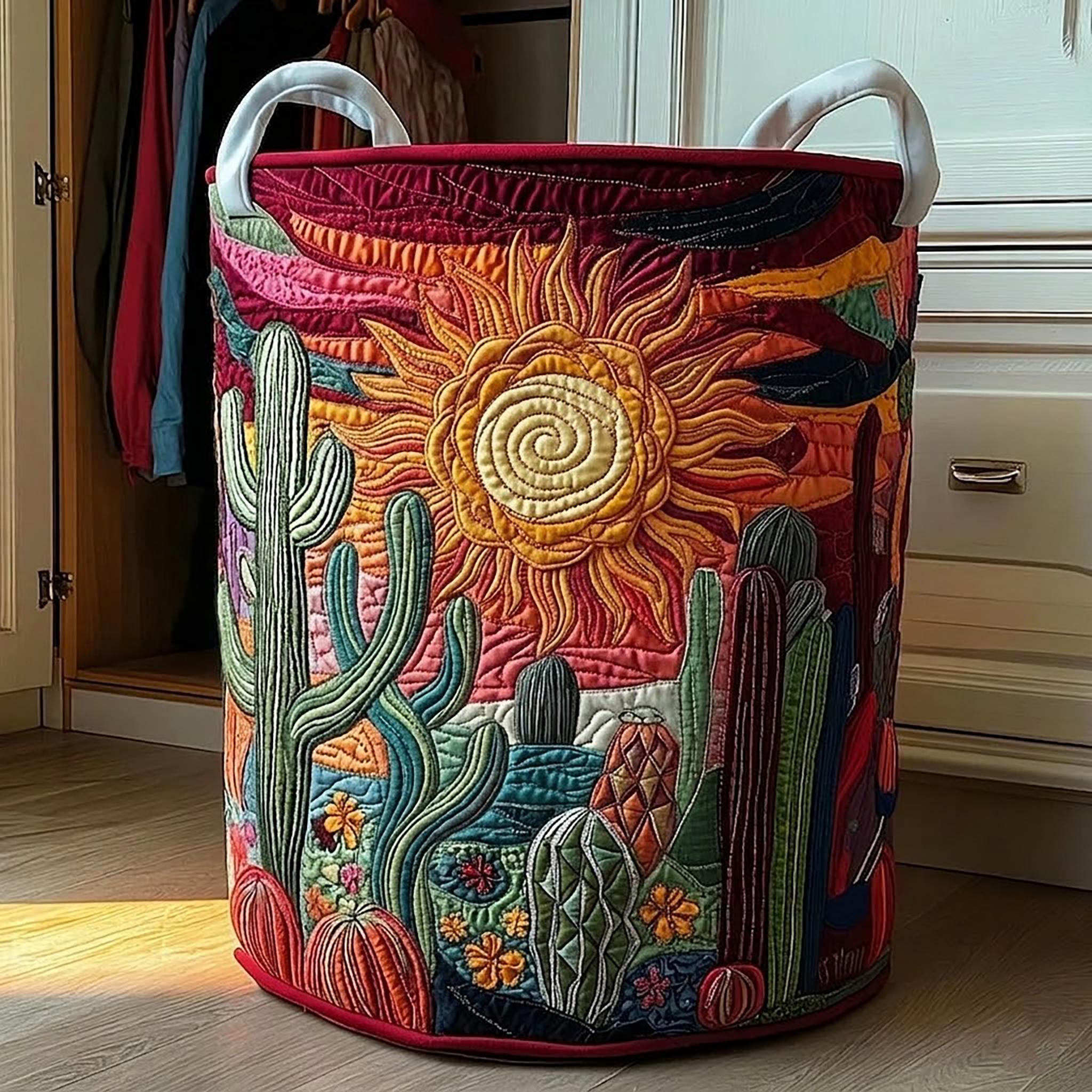 Sunrise Cactus Quilted Laundry Basket, Daybreak Desert Hamper, Family Storage Bin, Boho Western Laundry Organizer