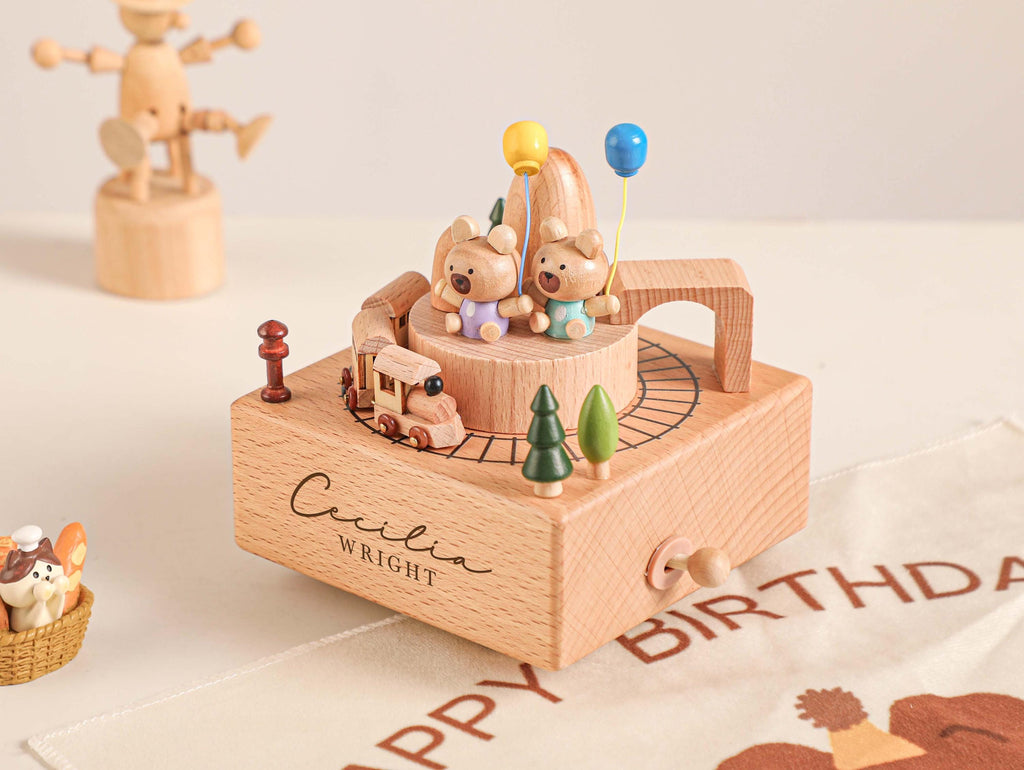 Bear Paradise Train Birthday Music Box, Custom Wooden Handmade Music Box, 1st Birthday, Personalised Music Box Gift, Newborn Gift, Christmas