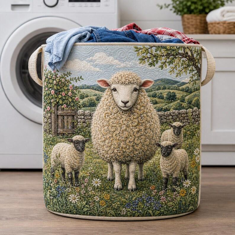 Sheep Heaven Quilted Laundry Basket, Sheep Laundry Room Decor, Soft Fabric Hamper, Colorful Sheep Storage Bin, Gift for Mom, Gift for Her