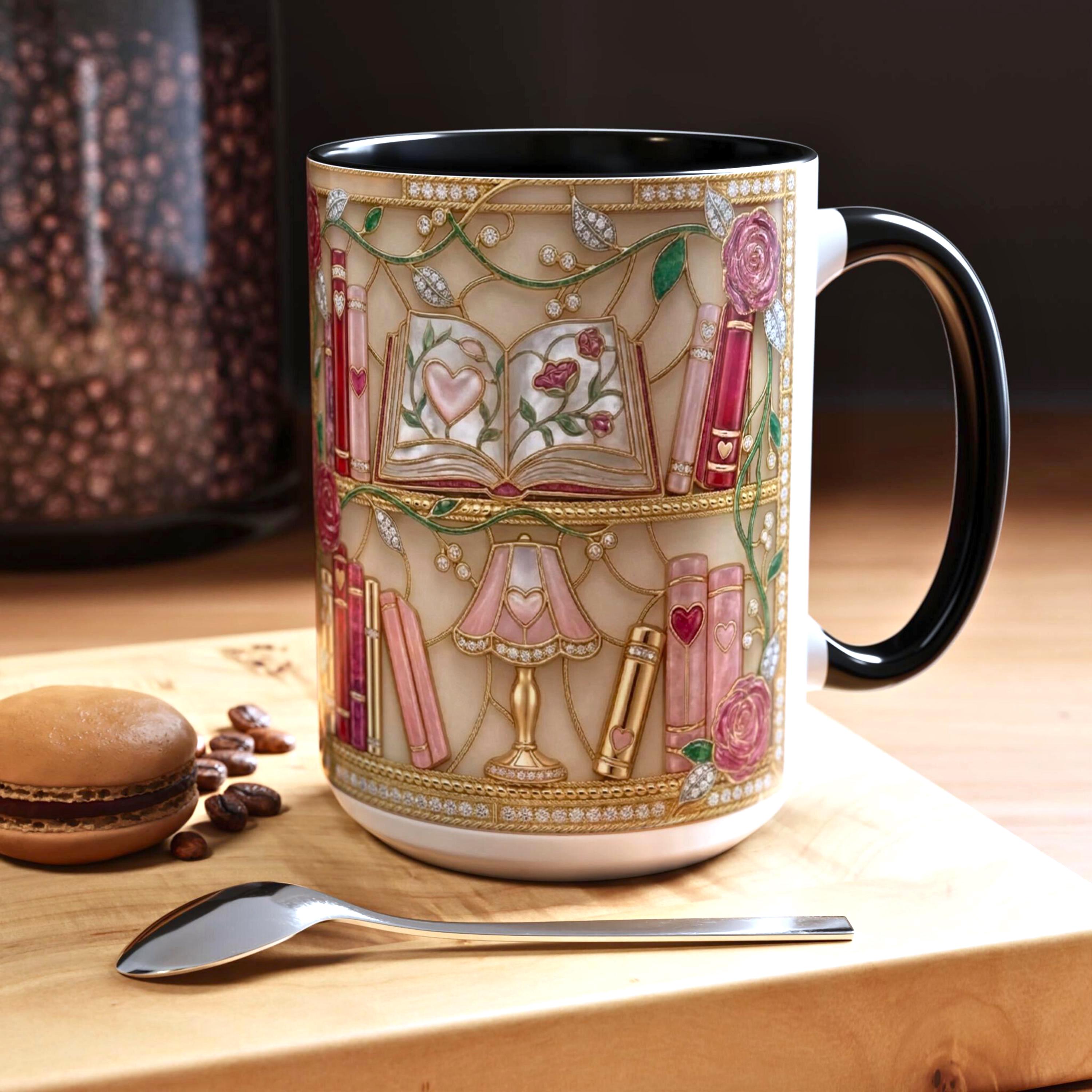 Stained Glass Book Lover Mug, Bookish Floral Coffee Mug, Vintage Bookshelf Art Mug, Reader Gift Mug