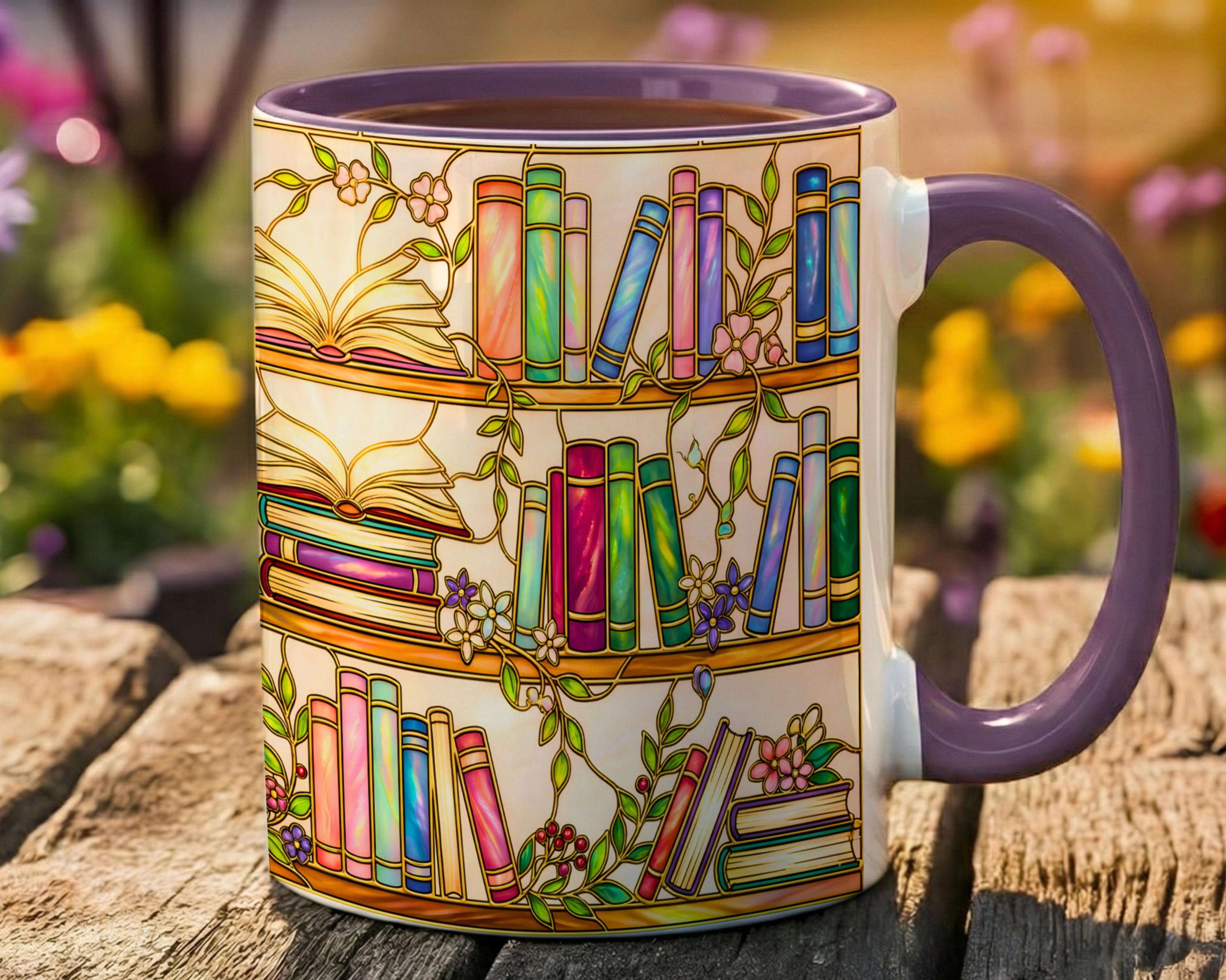 Stained Glass Floral Bookshelf Mug, Colorful Bookish Reader Coffee Cup, Book Lover Gift, Gift for Booktoker, Cozy Reading Nook Decor