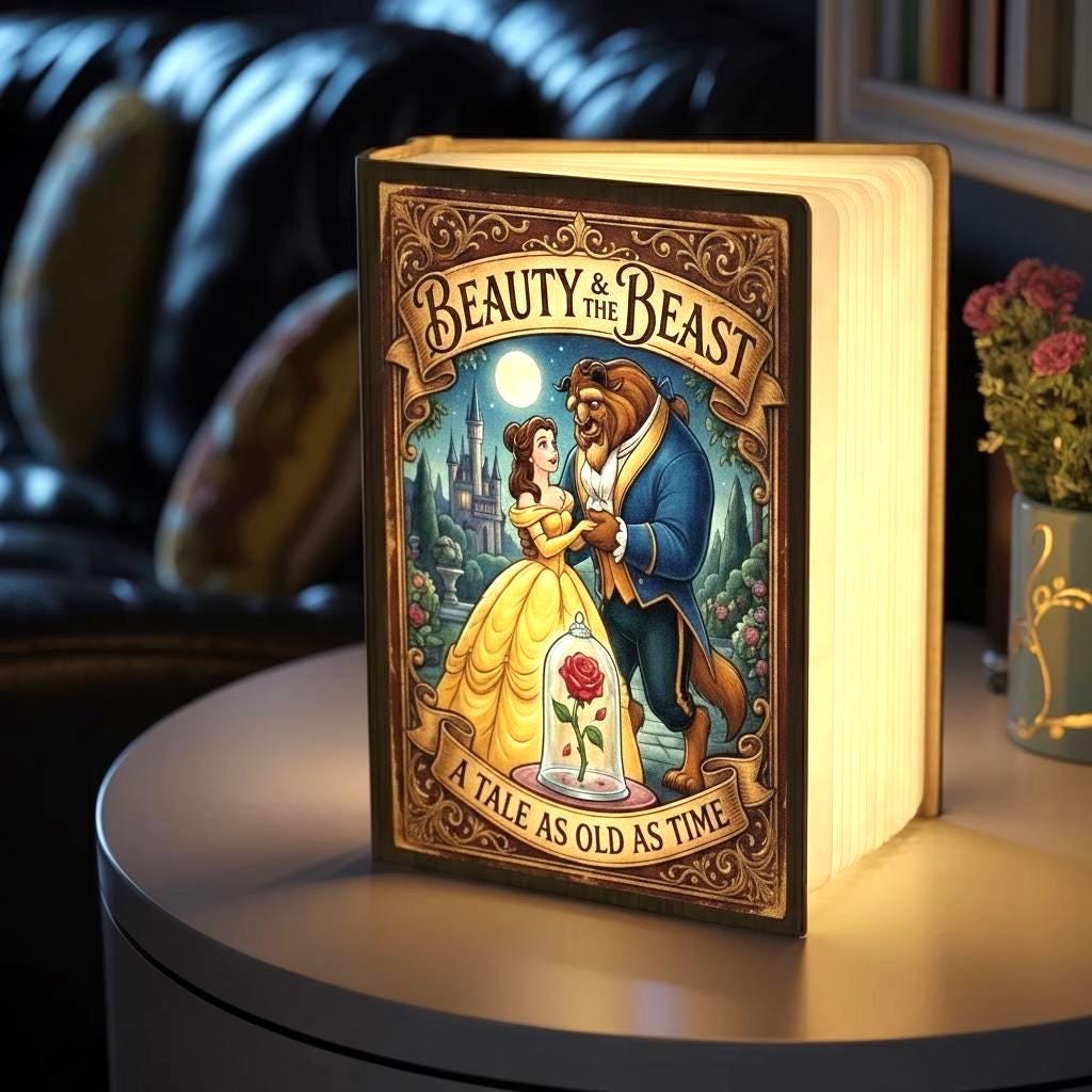 Beauty and the Beast Book Lamp, Tale as Old as Time Folding LED Light, Belle Princess Reading Lamp, Disney Enchanted Rose Night Light