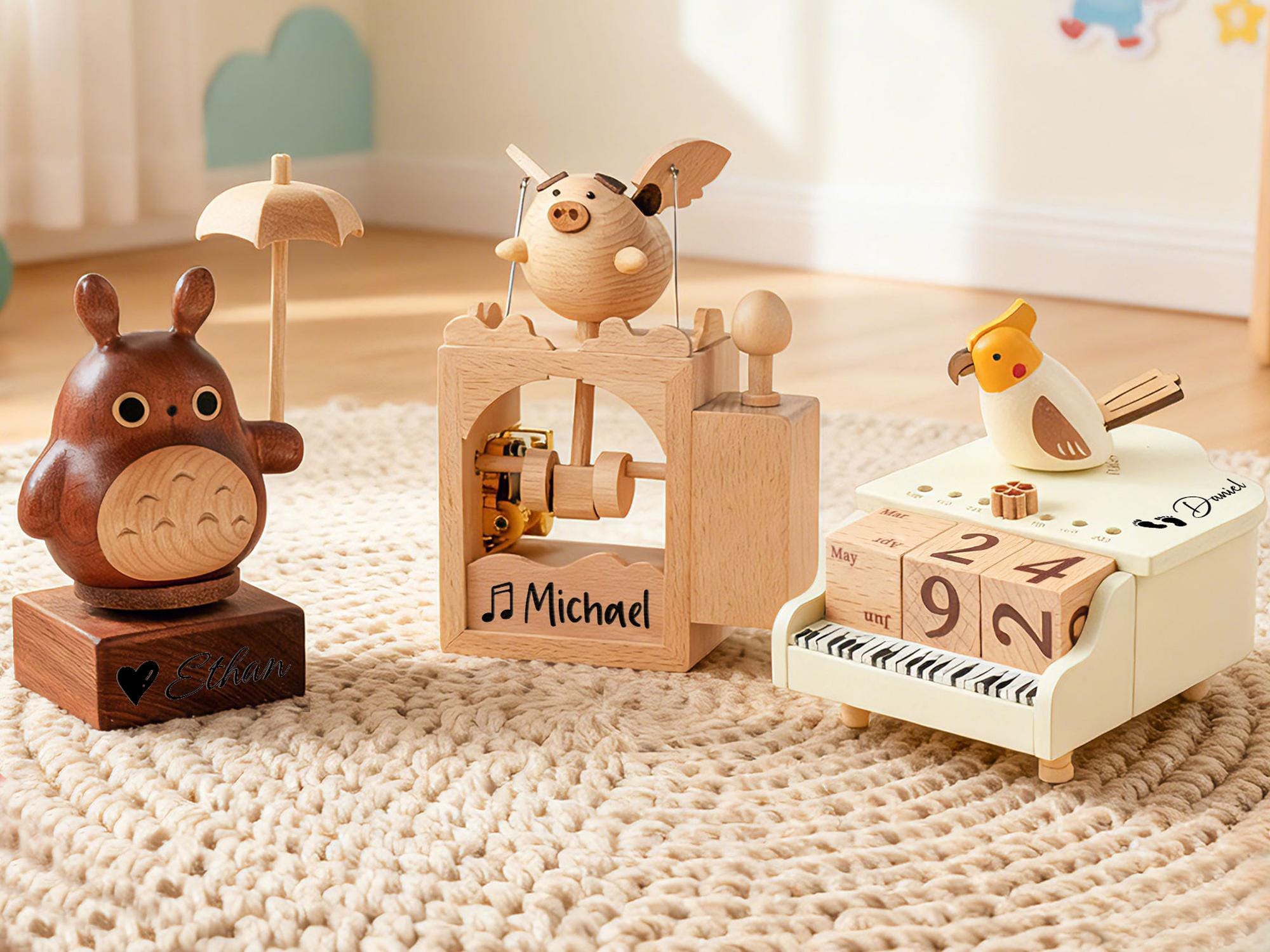 Personalized Wood Carving Handmade Music Box, Custom Flying Pig Musical Toy for Kids, Baby Shower Gifts, Piano Calendar Music Box