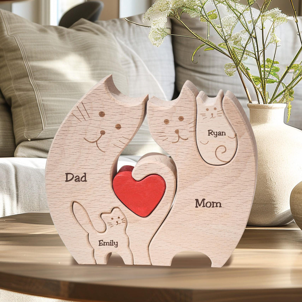 Custom Wooden Cat Family Puzzle, Wood Cat Figurines, Family Name Keepsake, Family of 4 Home Decor, Cat Lover Gifts, Birthday Gift for Wife