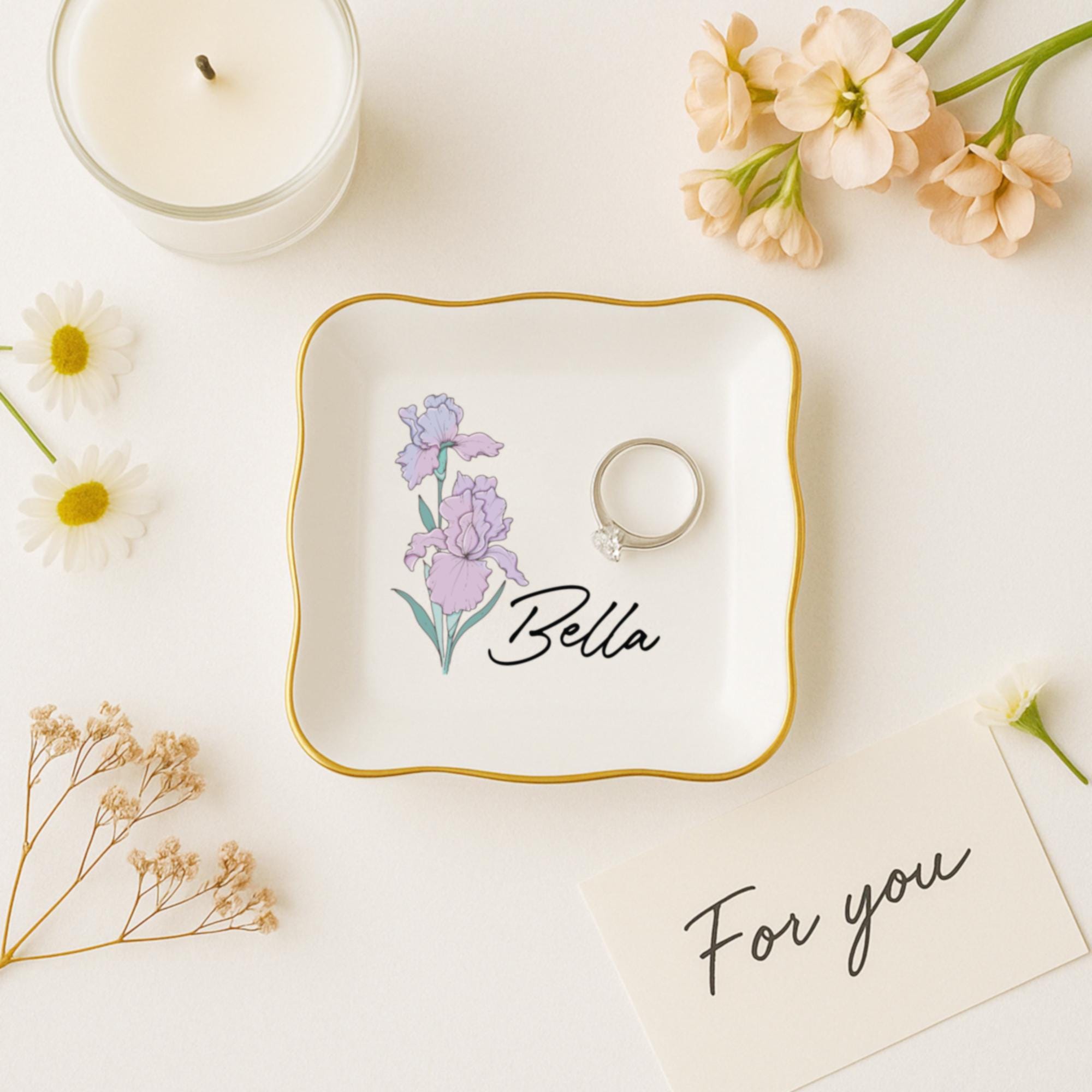 Personalized Birth Flower Ceramic Jewelry Dish_ Custom Trinket Ring Holder, ring Holder Dish,wedding Bridesmaid Gift