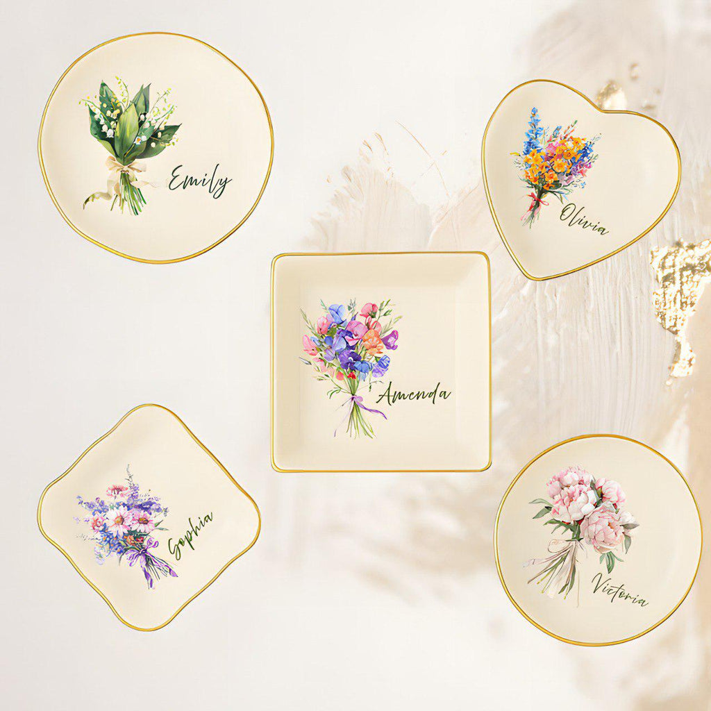 Personalized Birth Flower Jewelry Dish, Custom Ceramic Ring Dish, Custom Name Trinket Dish, Gift for Her, Gift