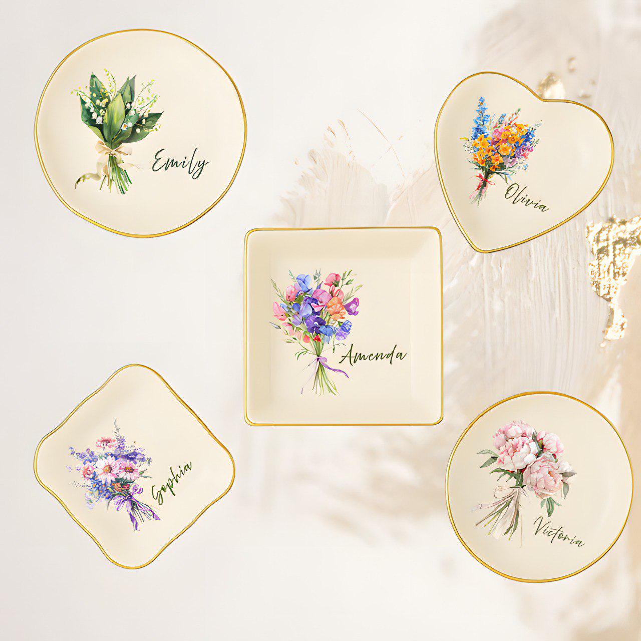 Personalized Birth Flower Jewelry Dish, Custom Ceramic Ring Dish, Custom Name Trinket Dish, Gift for Her, Gift