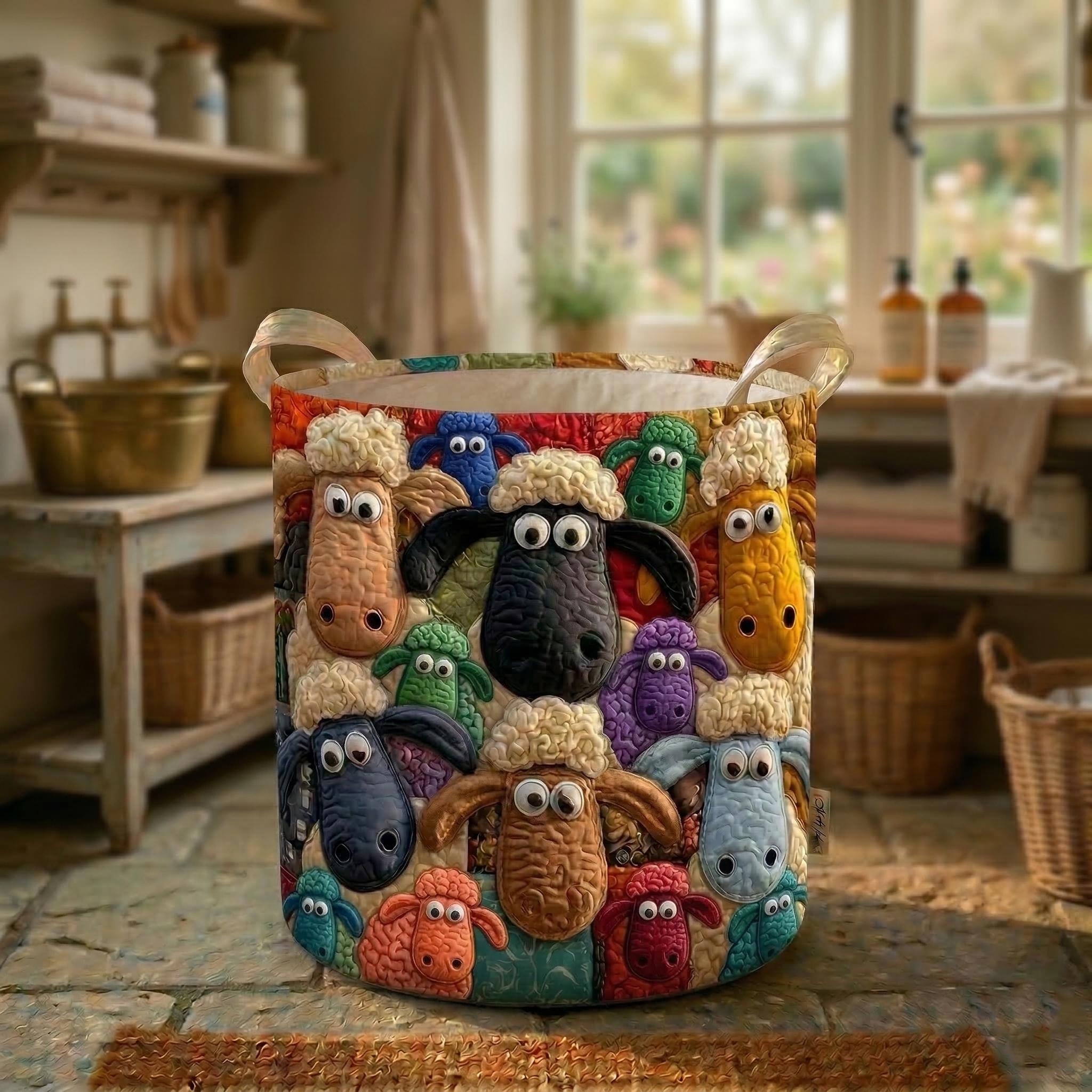 Funny Sheep Farm Quilted Laundry Basket, Cute Animal Quilted Hamper, Cottagecore Storage Bin, Cozy Home Organizer Gift, Gift for Mother Day