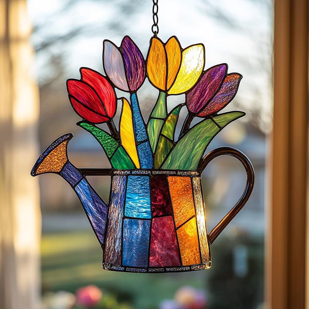 Colorful Tulips Acrylic Ornament, Flat 2D Window Hanging Decor, Garden Floral Sun Catcher Gift for Mom Grandma Women
