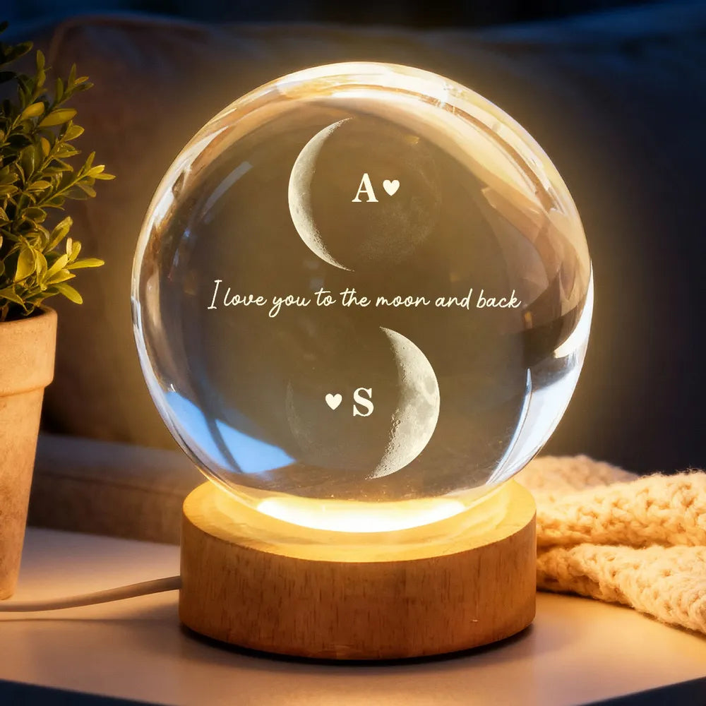 Custom Couple Moon Phase - Personalized Crystal Ball LED Night Light,  Moon Phase Print, Valentines Day Wedding Anniversary Gift For Couple