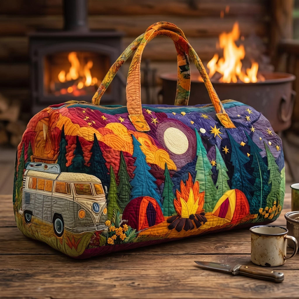 Camping Camper Van Quilted Duffle Bag, Night Forest Weekender Bag, Retro Adventure Travel Tote, Glamping Overnight Bag, Nature Lover Gift