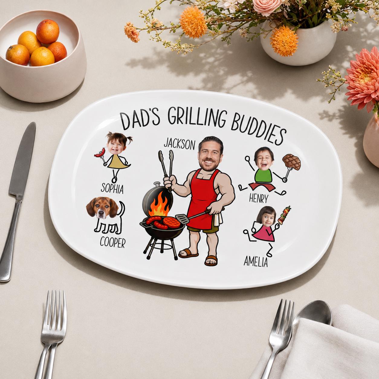 Custom Dad & Kid Funny Grilling Plate, Personalized Father's Day Gift for Husband, Grandpa BBQ Platter, Cooking Dish for Him Serving Tray