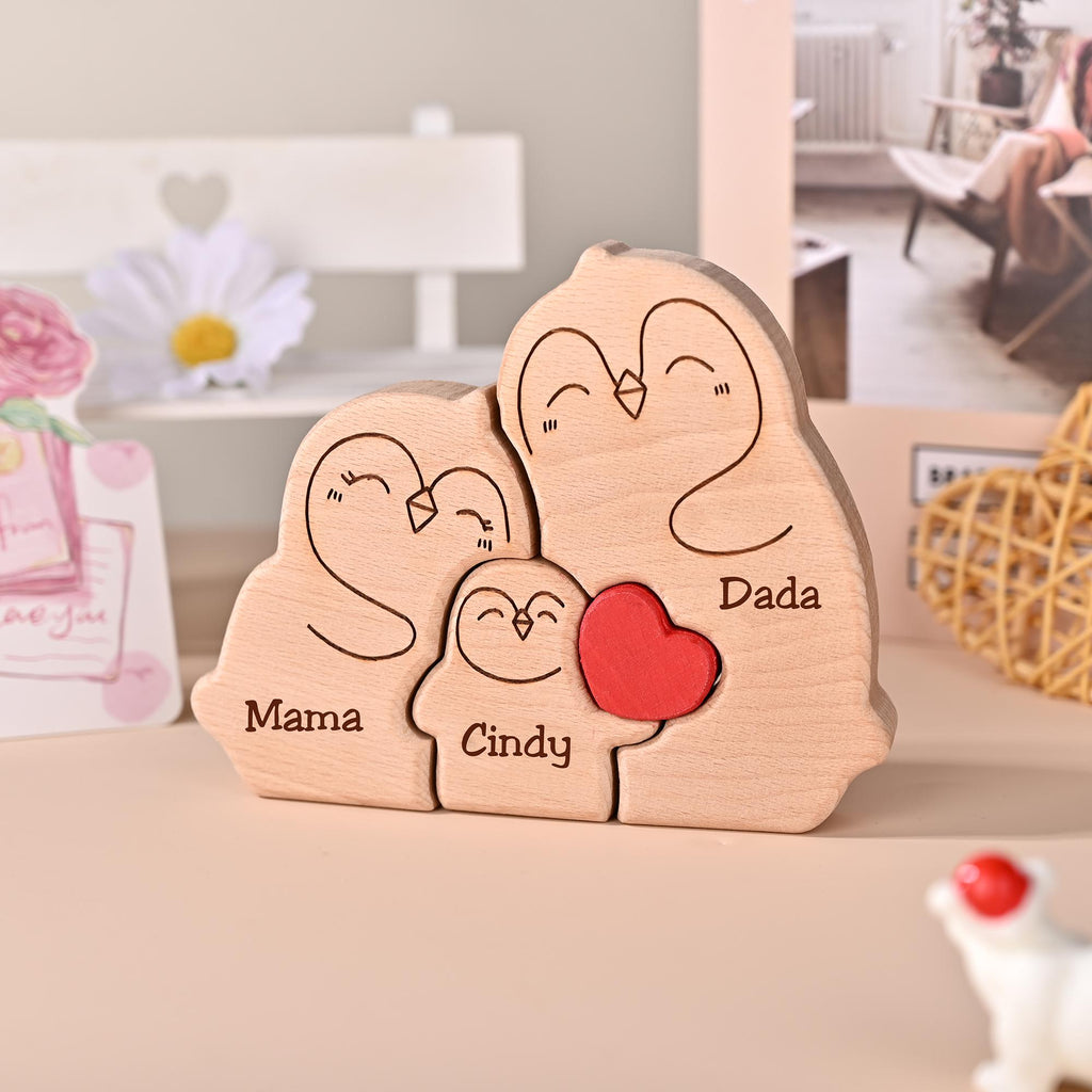 Personalized Penguin Family Puzzle, Custom Wooden Puzzle for Family With 2-5 Names, Gift for Couples & Parents, Unique Wooden Keepsake Gift
