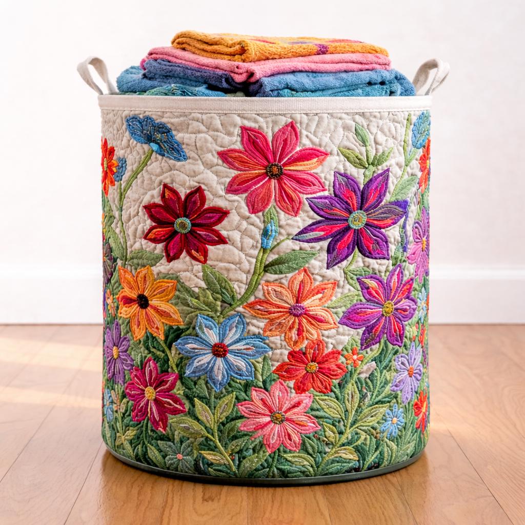 Quilted Floral Laundry Basket, Colorful Flower Hamper, Fabric Storage Bin, Cottagecore Home Decor, Nursery Laundry Organizer