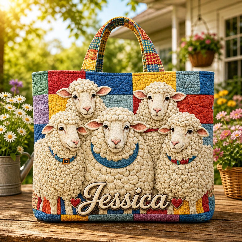 Personalized Adorable Sheep Quilt Tote Bag, Custom Name Funny Sheep Tote, Cute Farm Animal Bag, Quilt Shoulder Bag, Handbag for Animal Lover