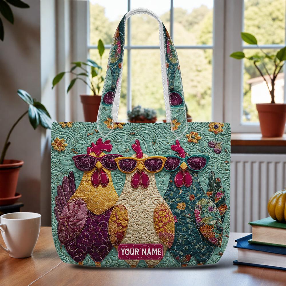 Personalized Chicken Quilted Tote Bag – Funny Chicken Mom Shoulder Bag, Colorful Farm Animal Market Tote, Custom Name Gift for Women