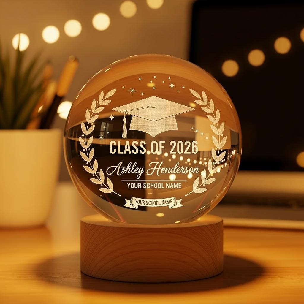 Personalized Graduation Gift Class of 2026, Custom Name School Crystal Ball Night Light, University Grad Keepsake, Wood Base LED Lamp
