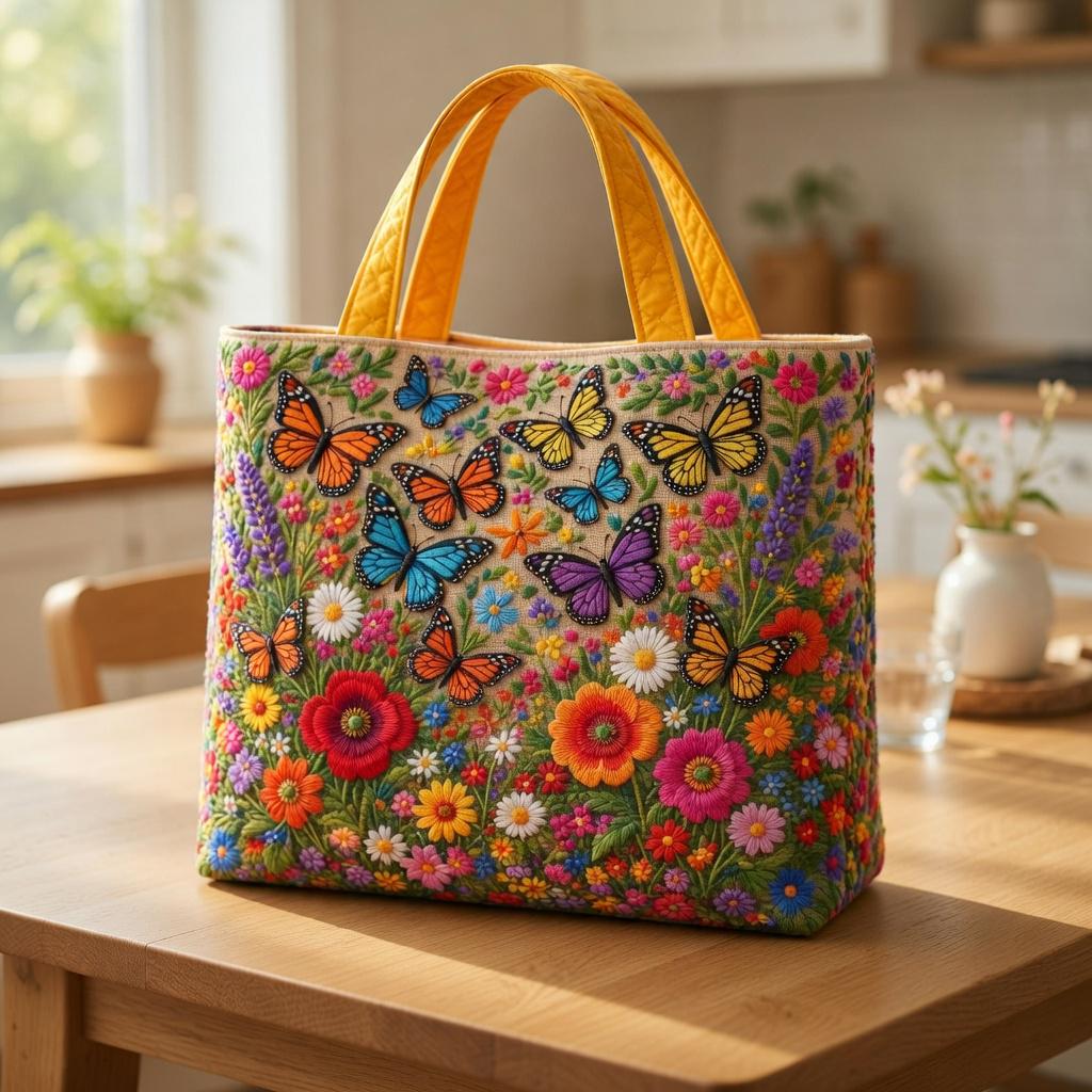 Butterfly Floral Tote Bag, Quilted Flower Handbag, Colorful Garden Tote, Aesthetic Shoulder Bag, Gift for Her
