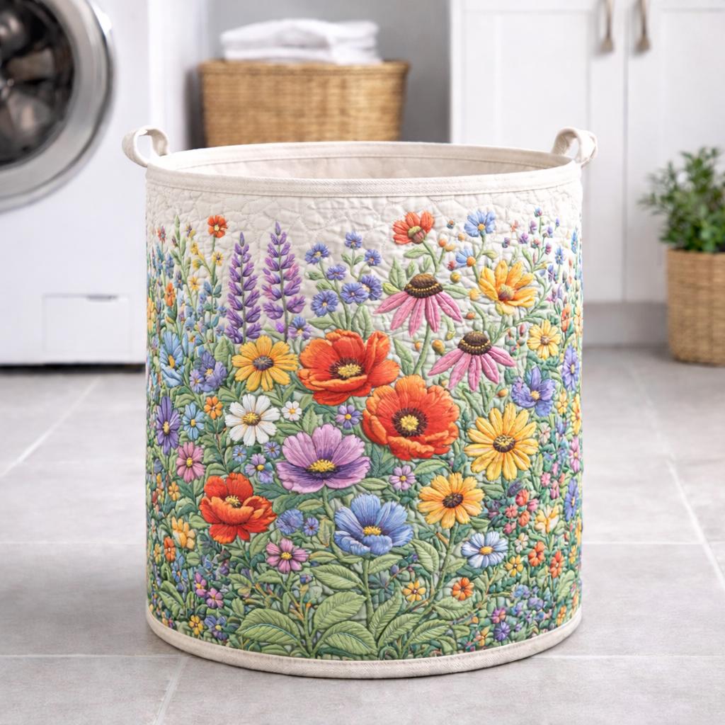 Quilted Laundry Basket With Floral, Fabric Storage Hamper, Colorful Flower Design for Laundry Room, Decorative Laundry Basket