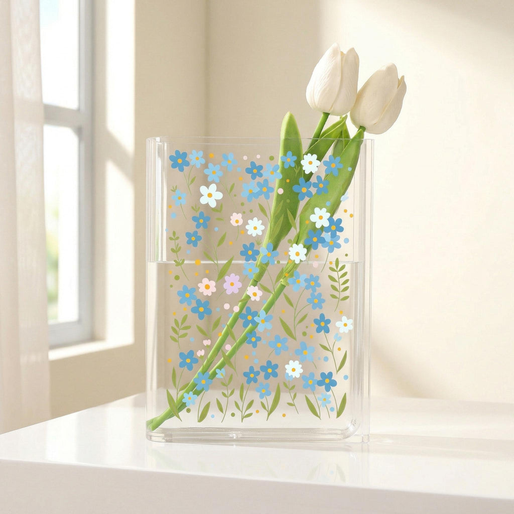 Blue Daisy Acrylic Book Vase, Wildflower Pattern Bookish Vase, Cottagecore Book Shaped Vase, Minimalist Flowers,custom Gift for Flower Lover