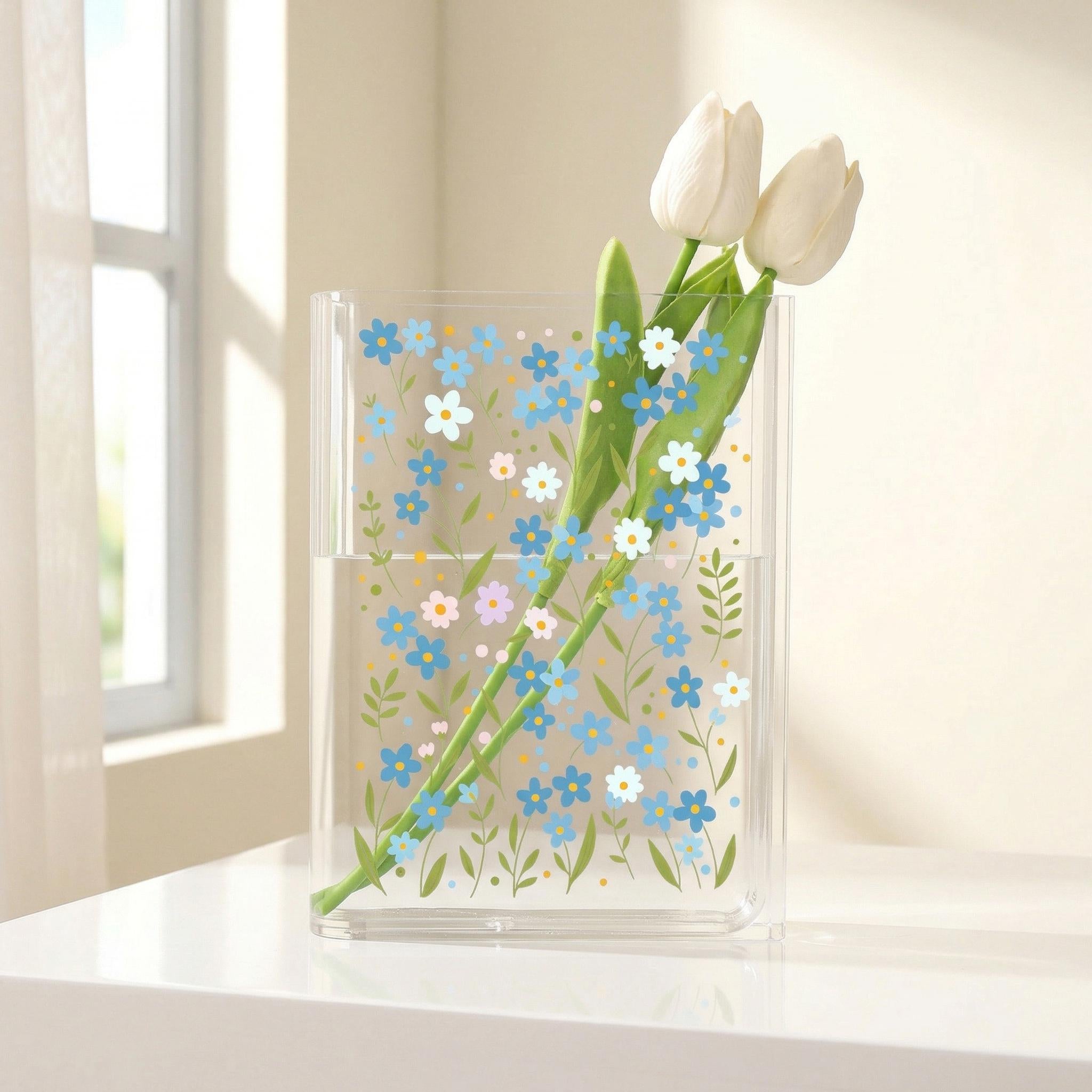 Blue Daisy Acrylic Book Vase, Wildflower Pattern Bookish Vase, Cottagecore Book Shaped Vase, Minimalist Flowers,custom Gift for Flower Lover