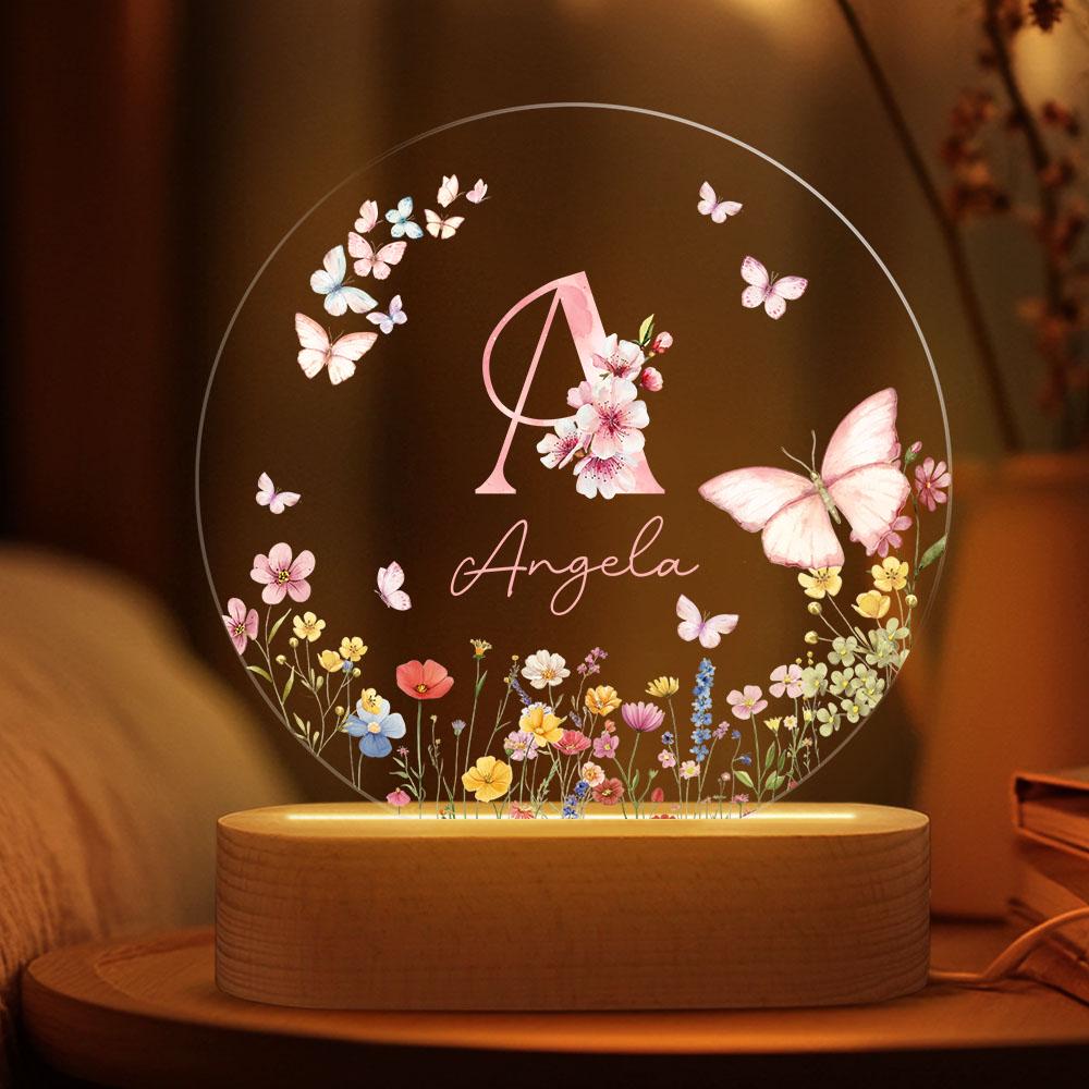 Personalized Name Night Light, Butterfly Flower LED Lamp, Custom Acrylic Light With Wooden Base, Gift for Her, Bedroom Decor