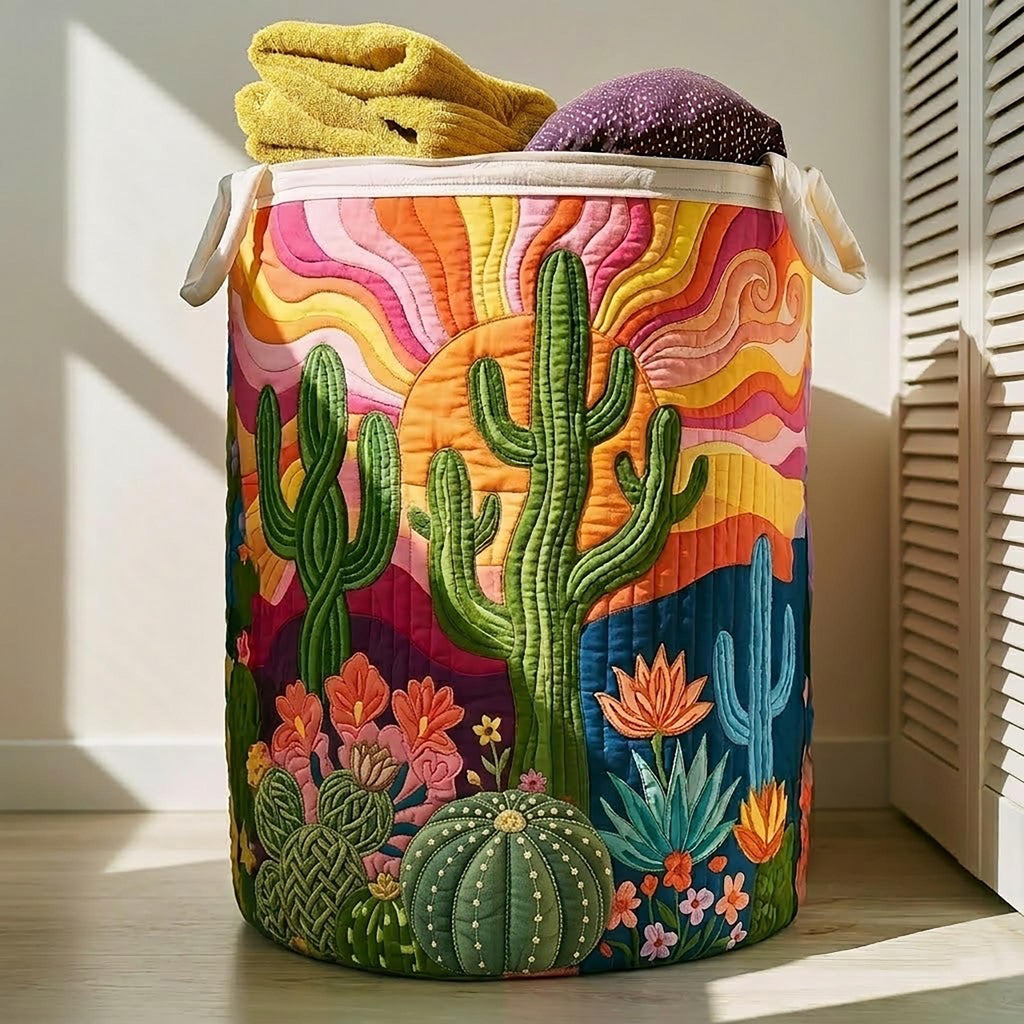 Hippie Floral Cactus Quilted Laundry Basket_ Daybreak Hamper, Family Storage Bin
