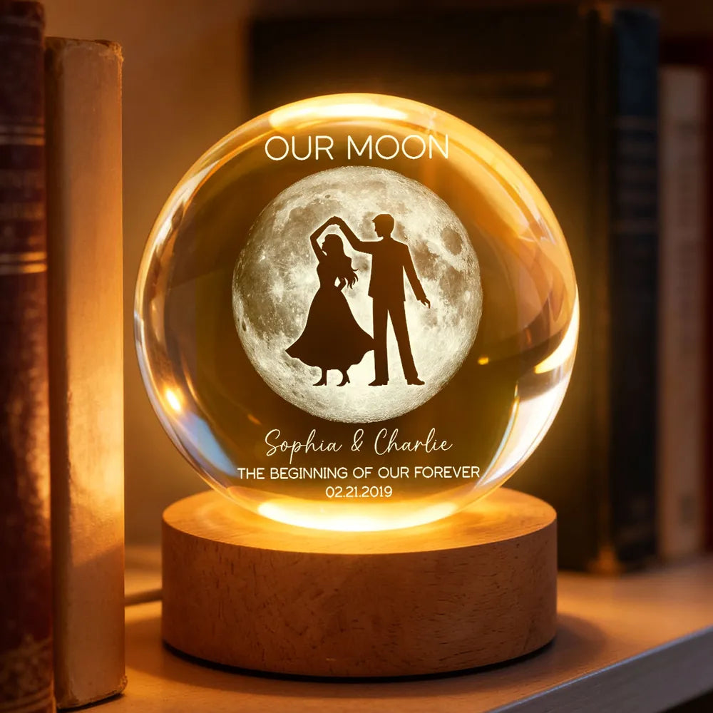 Couple Dancing in the Moonlight, Custom Moon Phase by Date, Personalized Crystal Ball LED Night Light, Valentine's Day Gift For Couple