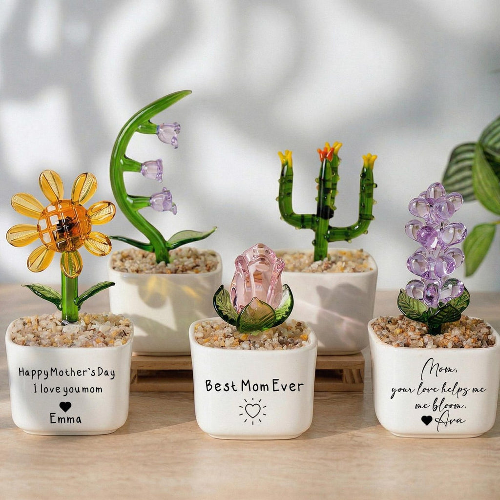 Glass Everlasting Flower Gift for Mom, Personalized Hand Blown Glass Pot, Mom Birthday or Mothers Day Keepsake