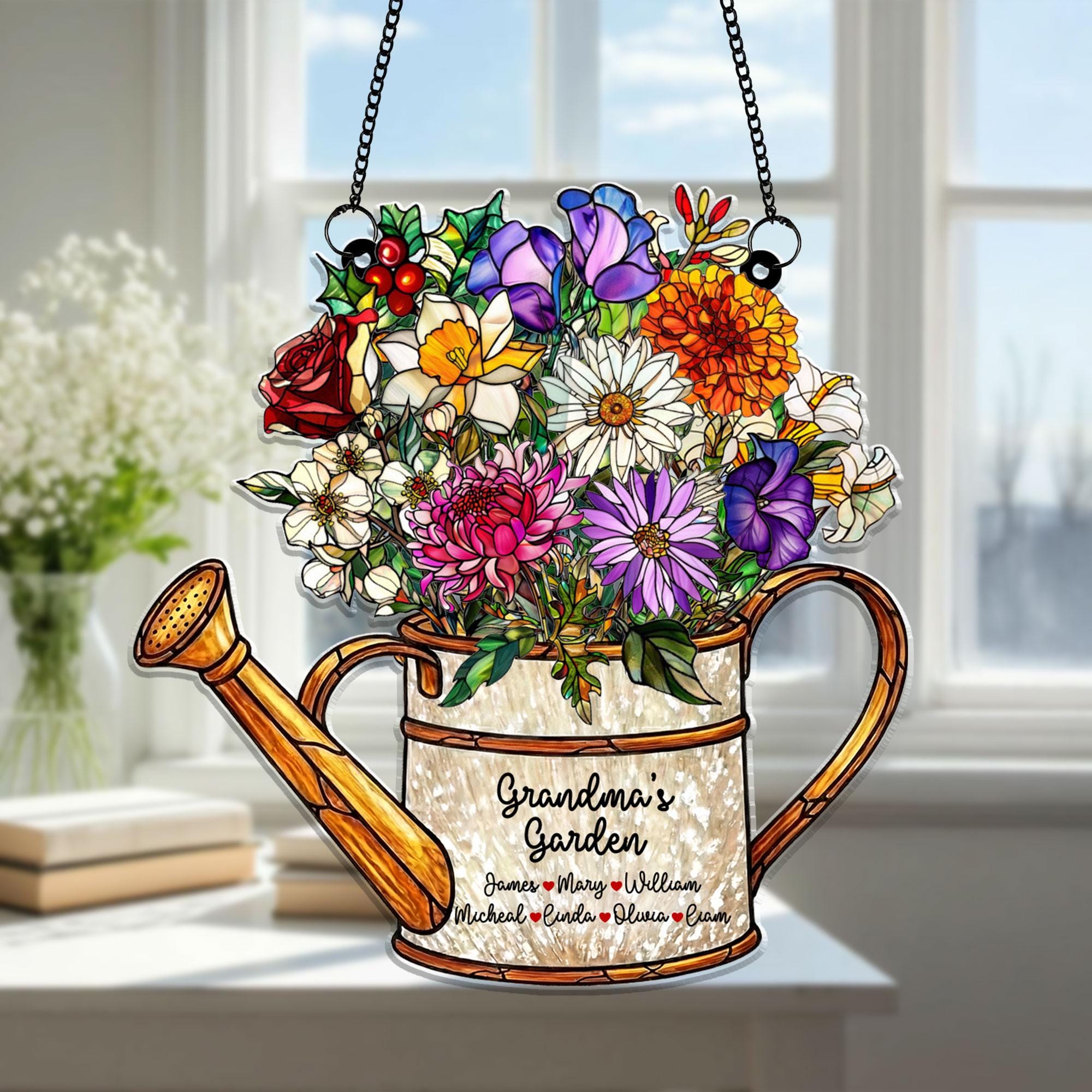Personalized Grandma’s Garden Acrylic Suncatcher, Watering Can Floral Stained Glass Style, Custom Names Window Hanging Mother’s Day Gift