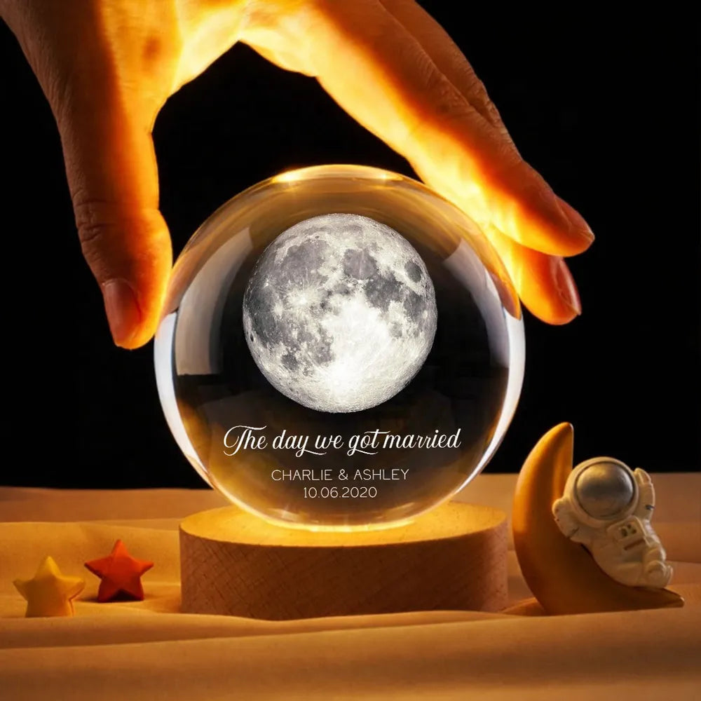 Our Moon Couple Anniversary Date - Personalized Crystal Ball LED Night, Moon Phase Print, Valentines Day Wedding Anniversary Gift For Couple