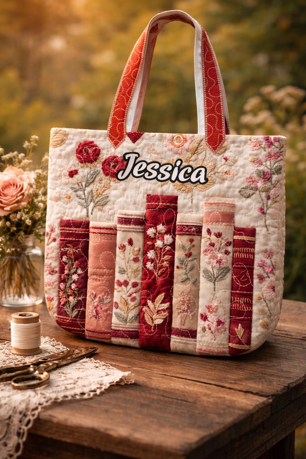 Quilted Book Tote Bag, Vintage Books and Flowers Canvas Shoulder Bag