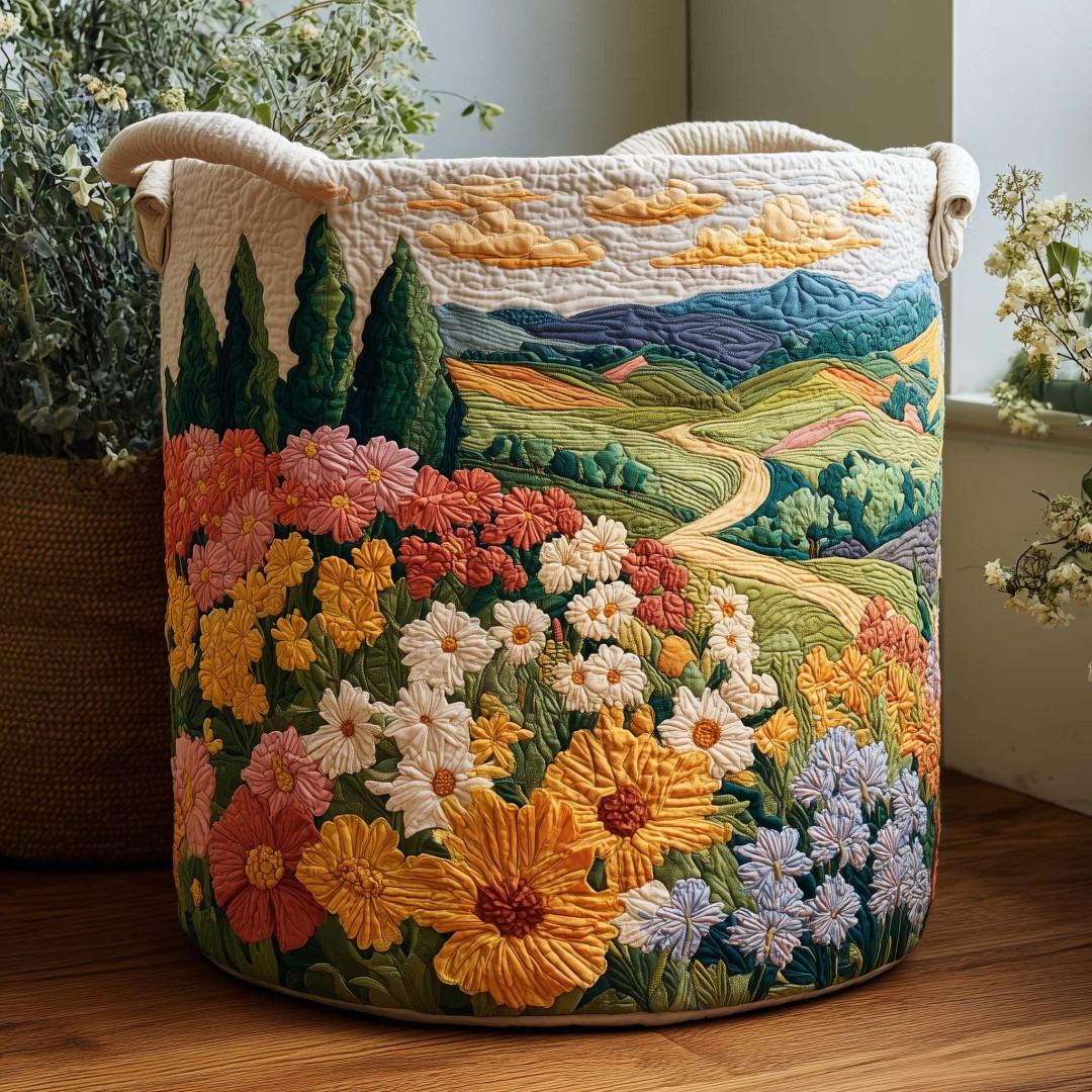 Floral Path Quilted Laundry Basket, Sea of Flowers Basket, Sunflower Field Laundry Basket, Floral Fabric Laundry Bin for Bedroom Décor
