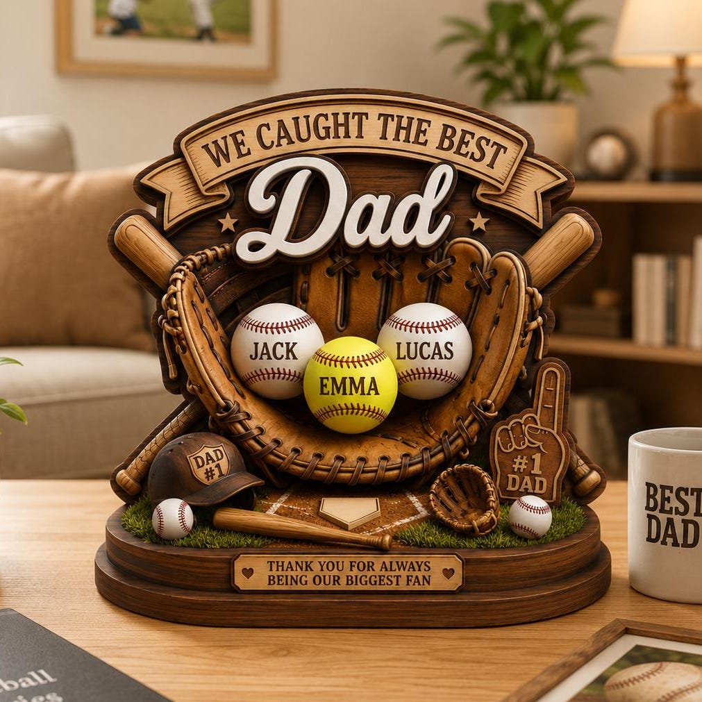 Personalized 2D Flat Baseball Wooden Plaque, I Caught the Best Dad Gift, Kids Name Baseball Softball Sign for Dad