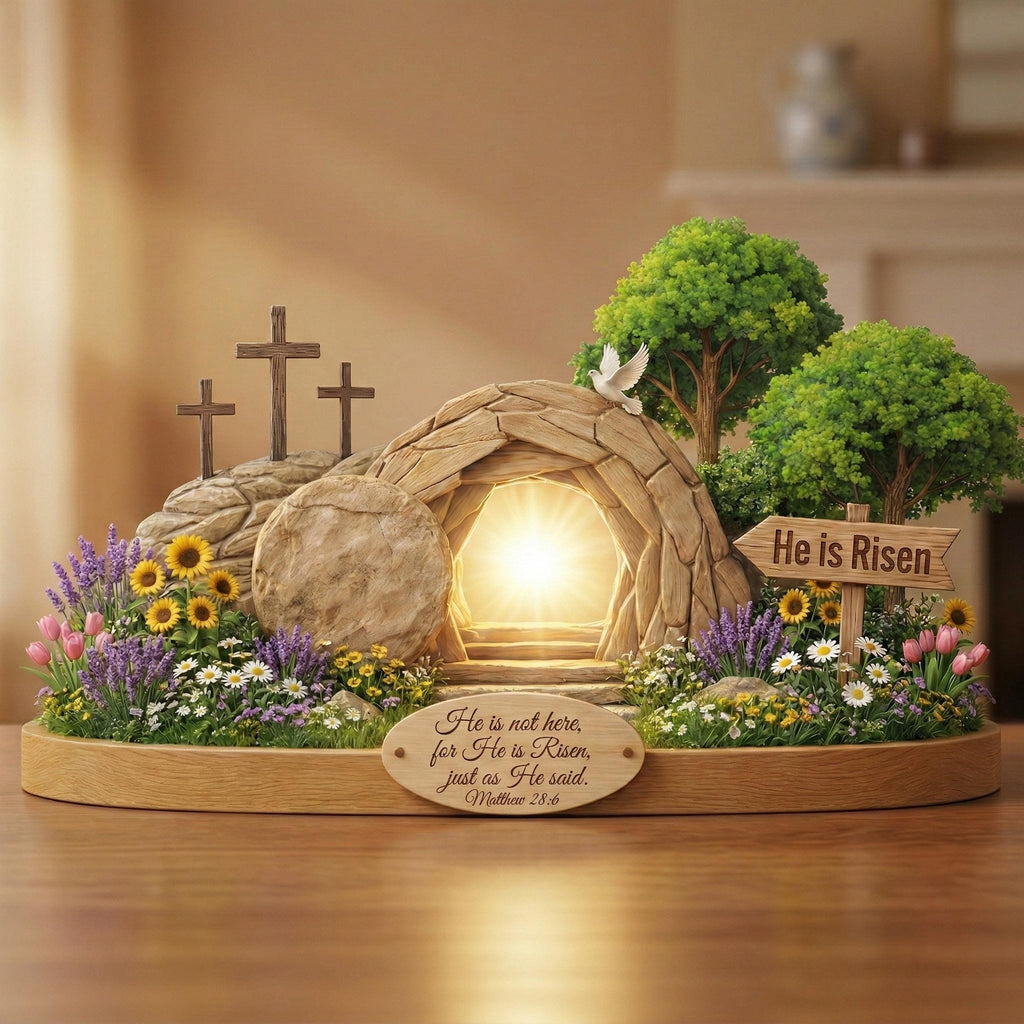 Flat He is Risen Wooden Block Easter Scene, Empty Tomb Decor With Scripture, Christian Resurrection Table Display