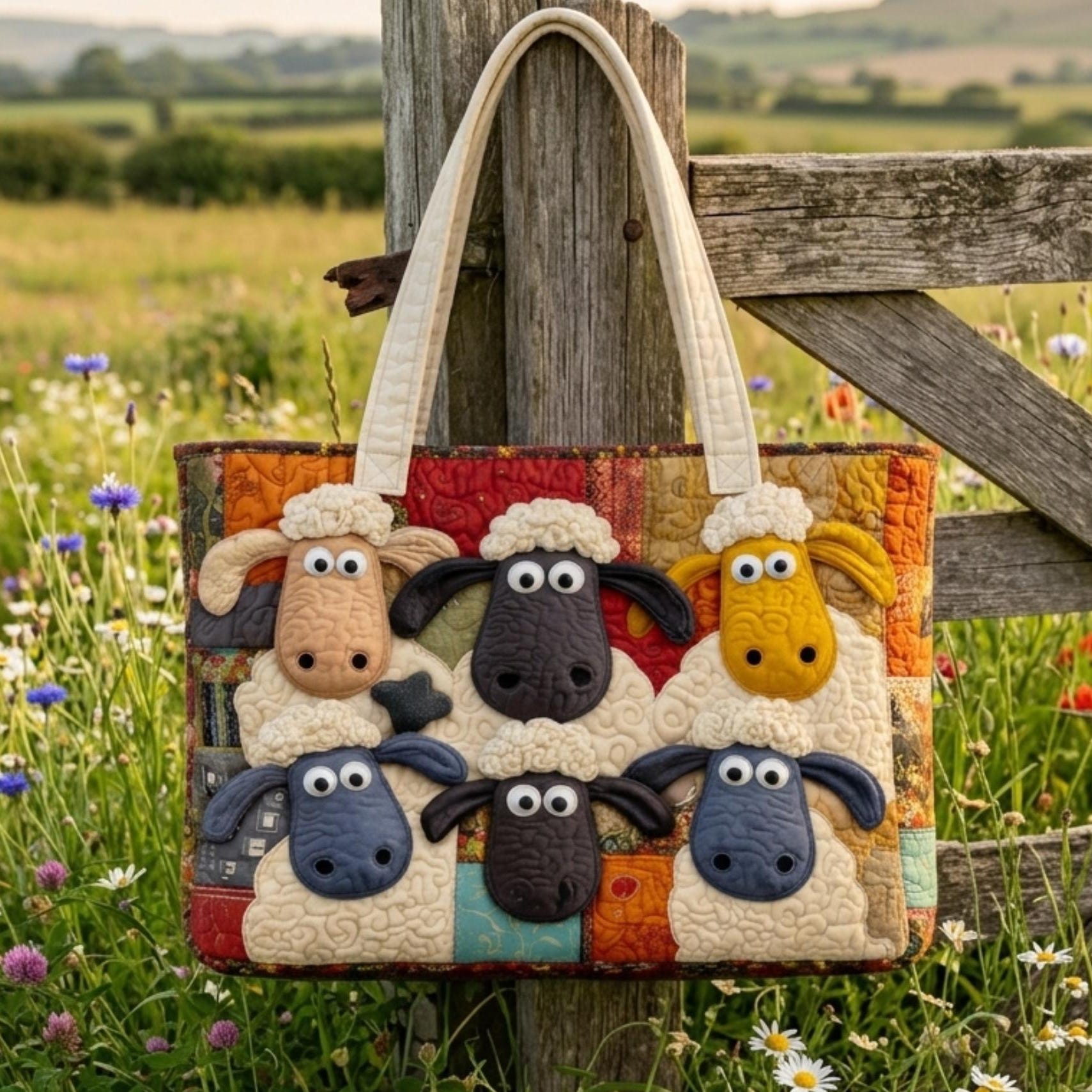 Quilted Sheep Tote Bag – Farm Animal Shoulder Handbag, Rustic Farmhouse Style Canvas Bag