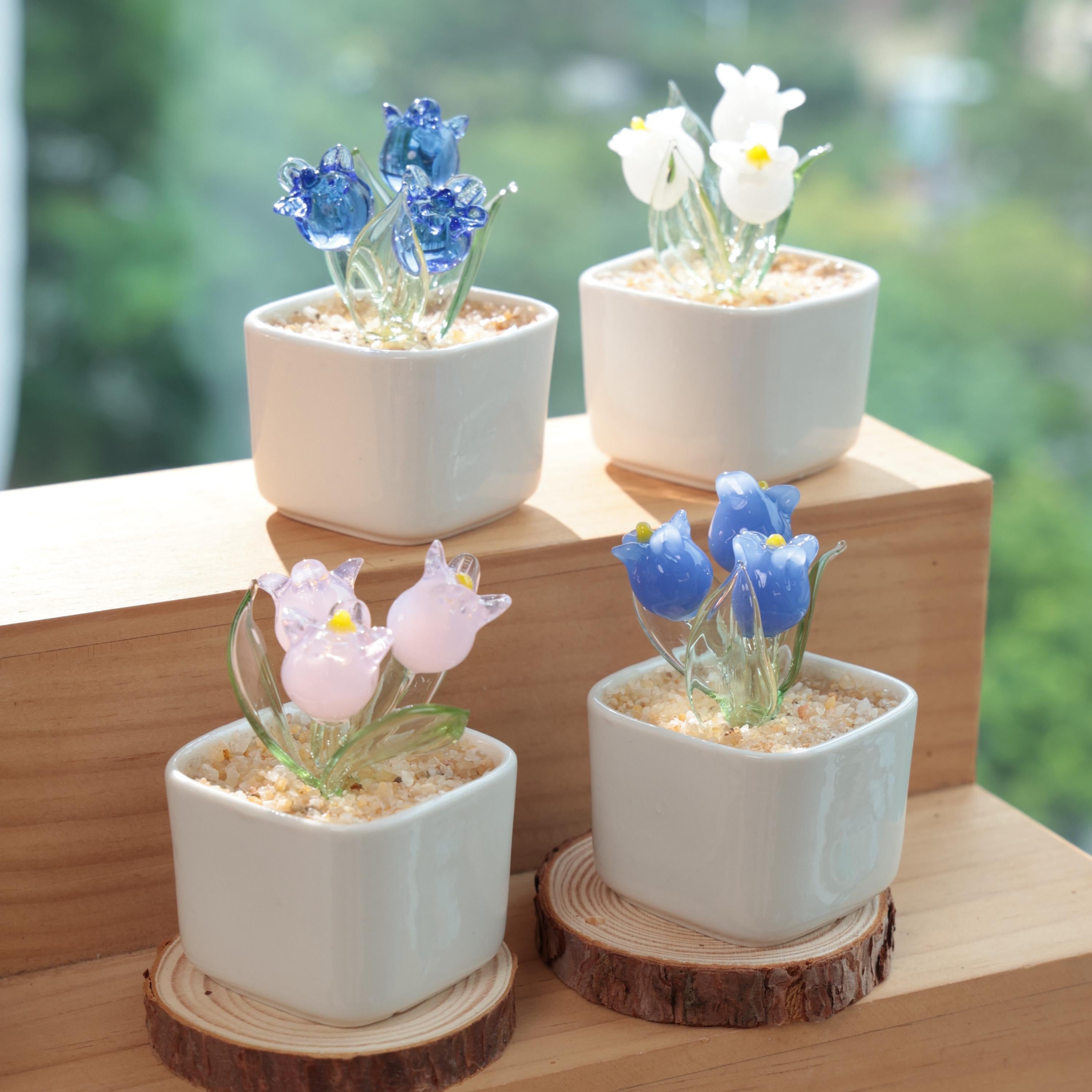 Hand Blown Glass Potted Plants – White, Pink & Blue Glass Tulip Figurines, Mini Flower Decor, Unique Handmade Gift