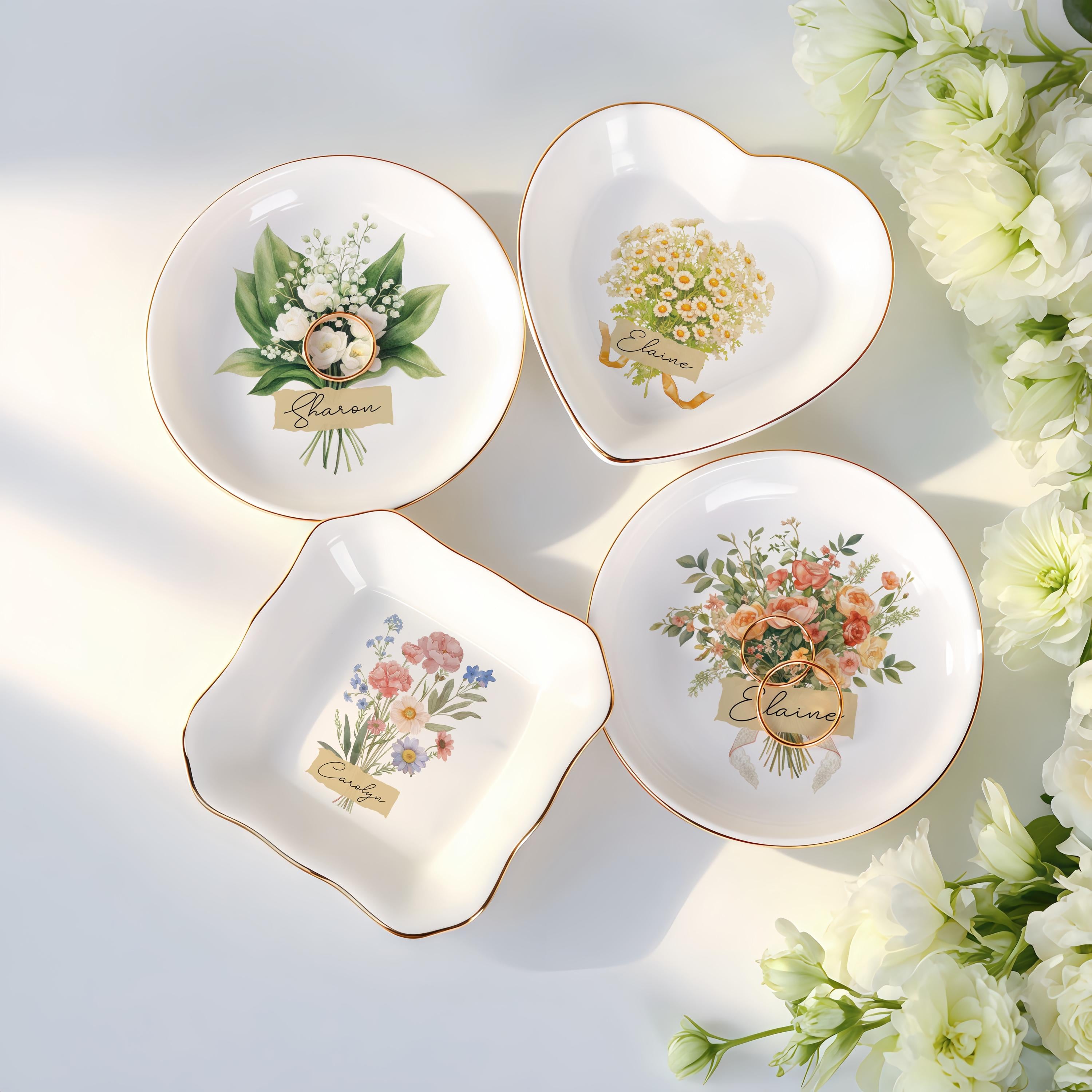 Personalized Flower Bouquet Trinket Dish, Custom Birth Flower Jewelry Dish, Gift for Her, Birth Month Flower, Bridesmaid Gifts, Wedding Gift