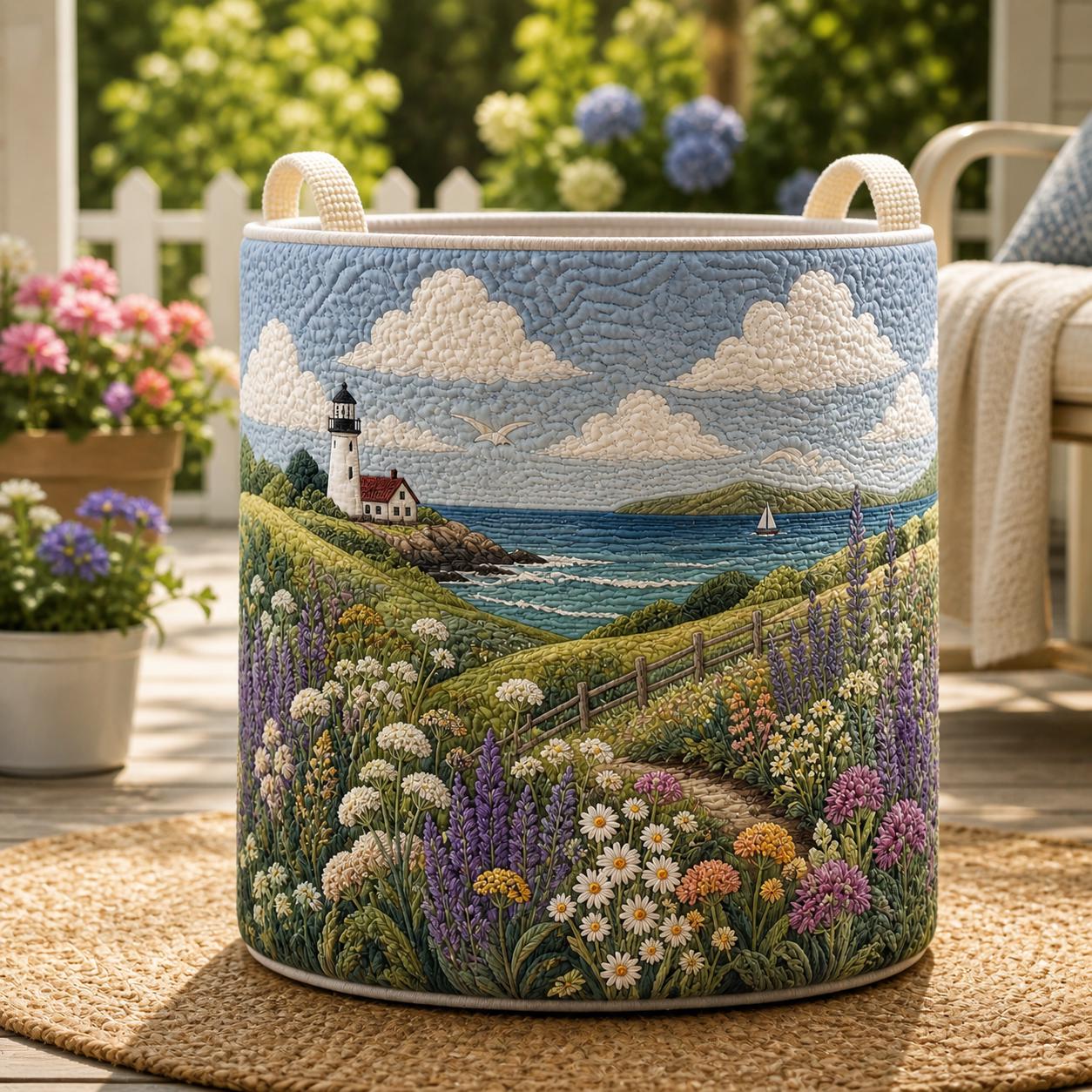 Quilted Coastal Landscape Laundry Basket, Embroidered Fabric Storage Bin With Handles, Decorative Organizer for Living Room or Laundry Space