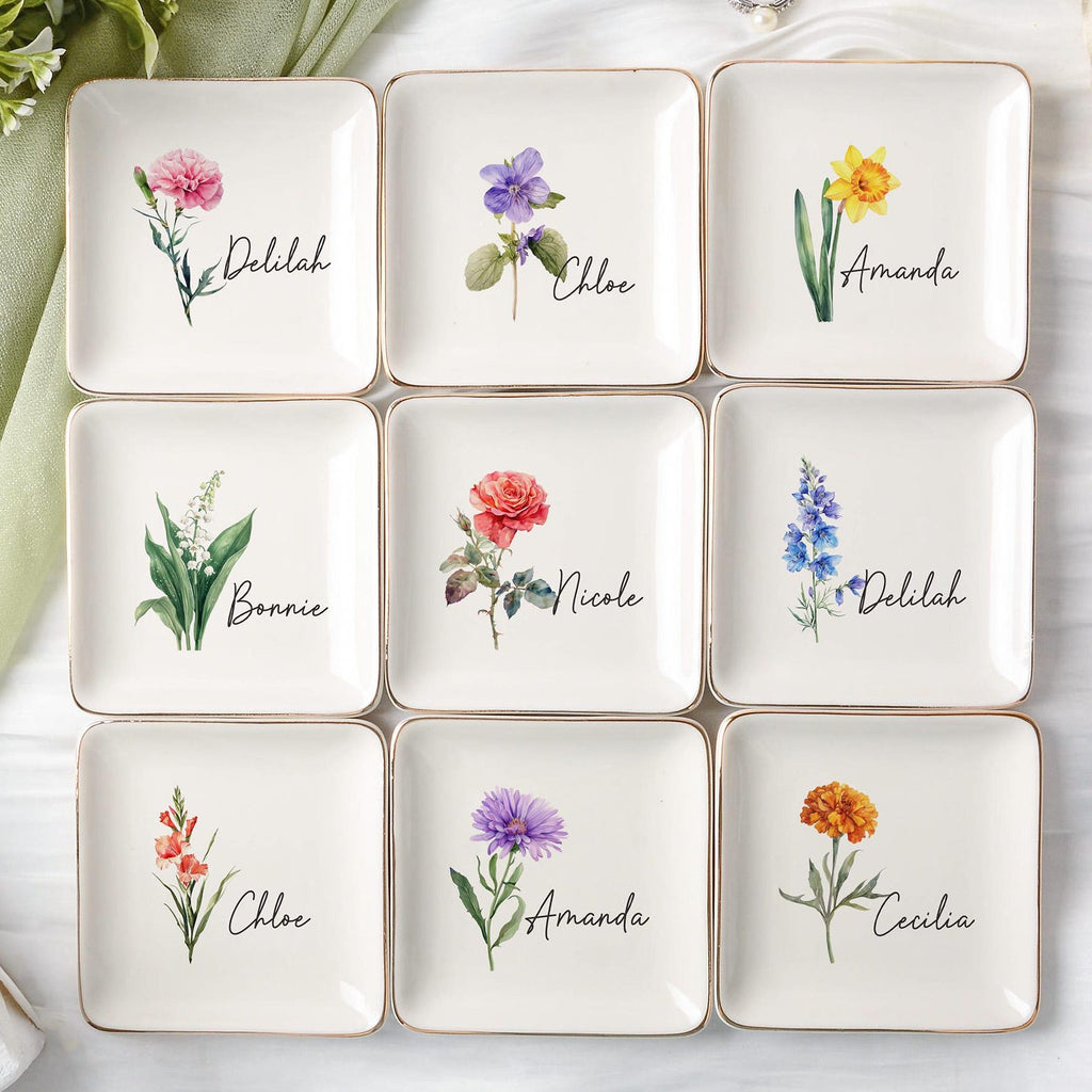 Personalized Birth Flower Trinket Dish,wedding Birthday Trinket Tray for Her,bridesmaid Gift