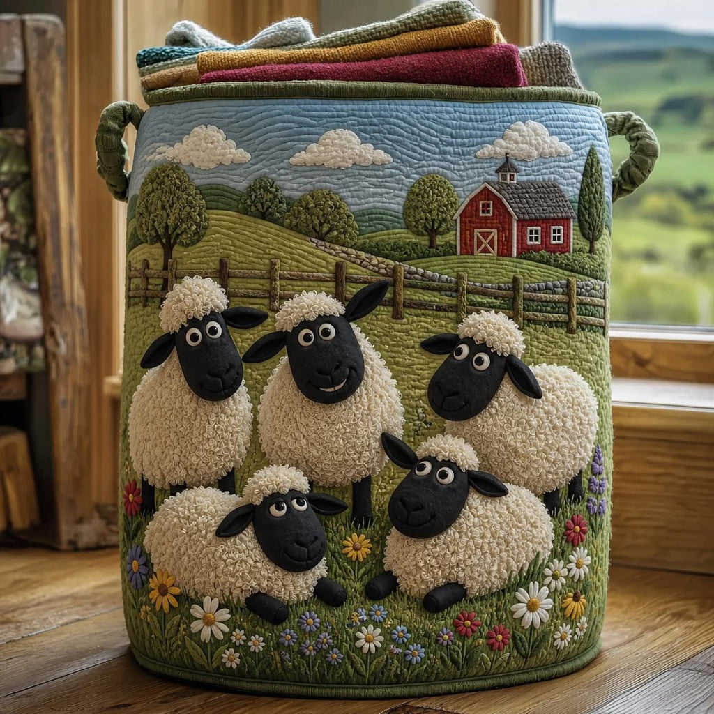 Cute Sheep Quilted Laundry Basket, Sheep Laundry Room Decor, Soft Fabric Hamper, Colorful Sheep Storage Bin, Gift for Mom, Gift for Her