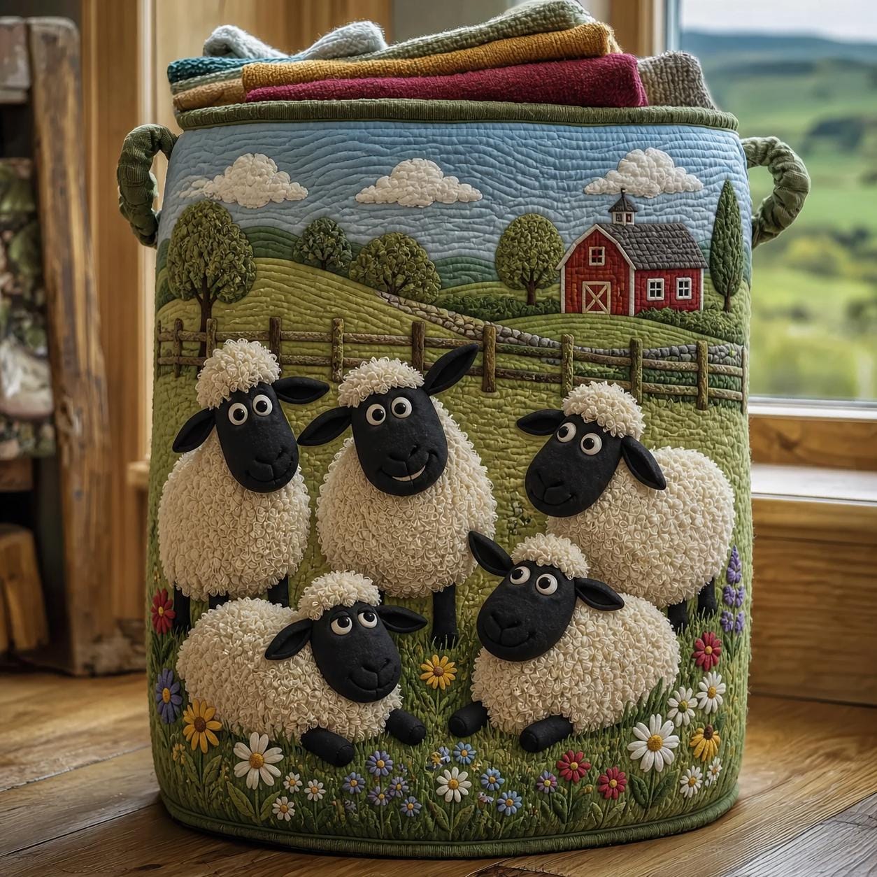 Cute Sheep Quilted Laundry Basket, Sheep Laundry Room Decor, Soft Fabric Hamper, Colorful Sheep Storage Bin, Gift for Mom, Gift for Her