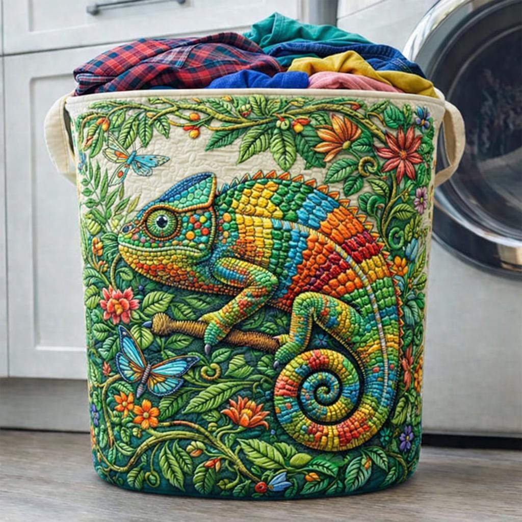Colorful Chameleon Quilted Laundry Basket, Tropical Floral Fabric Storage Bin, Foldable Laundry Hamper, Nursery Organizer Decor