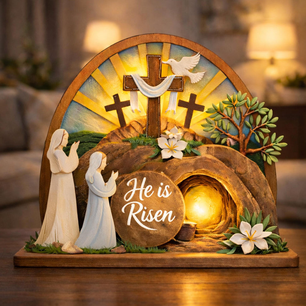 Easter Wooden Standing, He is Risen Decor, Empty Tomb Cross Scene, Christian Resurrection Display, Faith Tabletop Shelf Sign Gift
