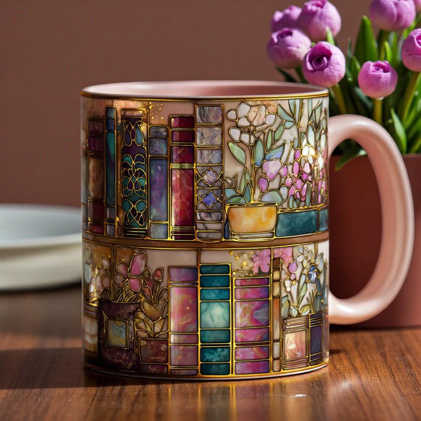 Printed Faux Stained Glass Bookshelf Mug, Book Lover Coffee Cup, Floral Library Art Mug, Reader Gift, Aesthetic Bookish Mug, High-Quality Ceramic Mug – Perfect for Coffee & Tea