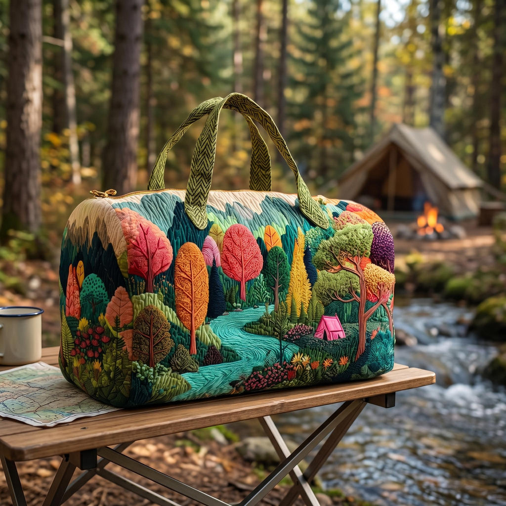 Colorful Woodland Quilted Duffle Bag, Forest Nature Weekender Bag, Scenic Travel Tote, Camping Overnight Bag, Adventure Lover Gift