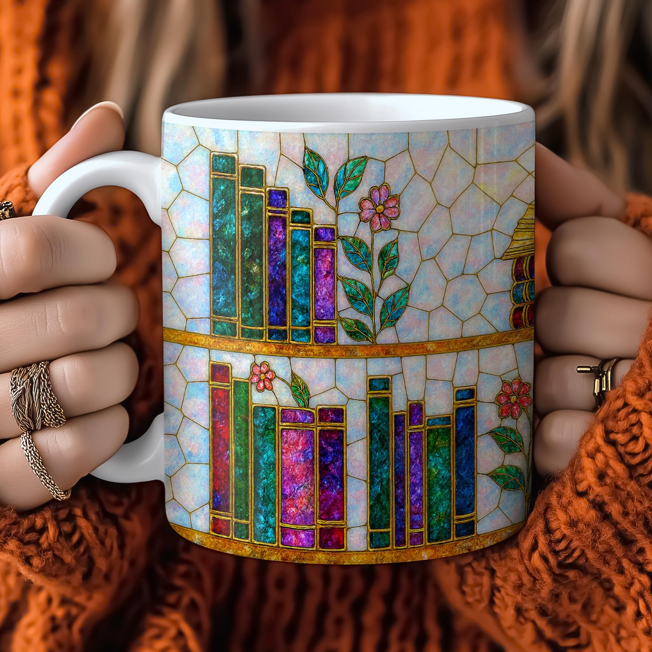 Book Lover Coffee Mug_ Stained Glass Bookshelf - Floral, Opal and Gemstone Style, Bookish Gift for Readers, Dark Academia Mug, Floral Bookshelf Cup, Cute Character Mug – Fun Design for Daily Use =