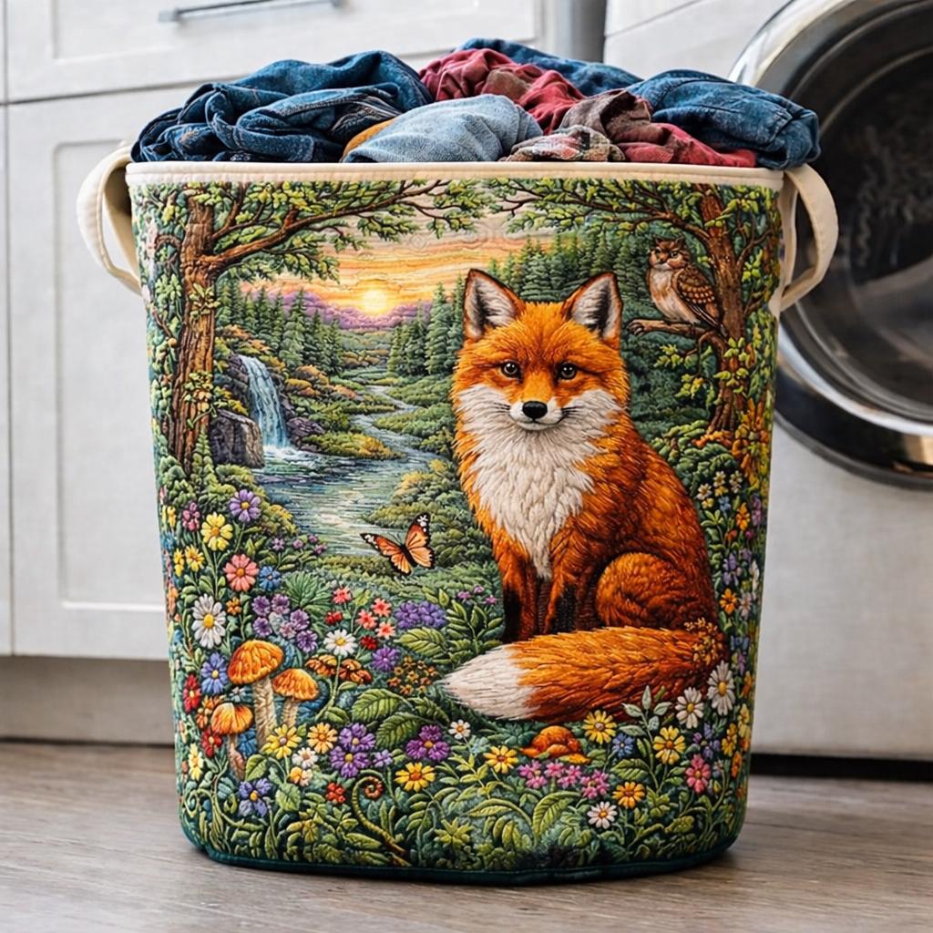 Fox Forest Quilted Laundry Basket, Woodland Animal Storage Bin, Nature Art Hamper, Cottagecore Laundry Organizer, Rustic Home Decor